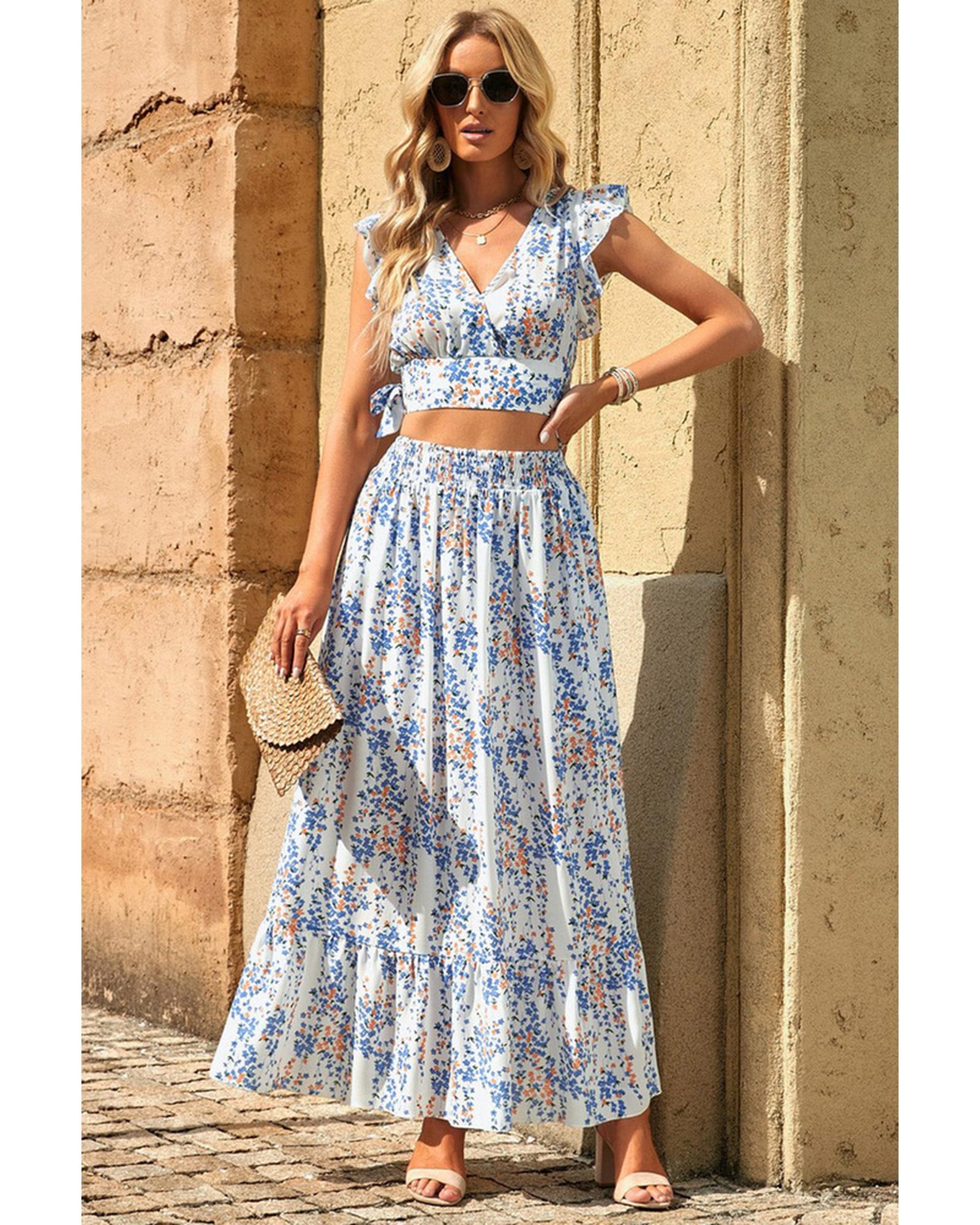 Azura Exchange Floral Ruffled Crop Top and Maxi Skirt Set - 2XL