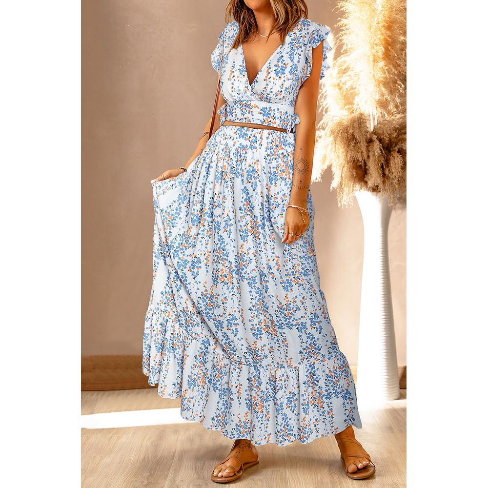 Azura Exchange Floral Ruffled Crop Top and Maxi Skirt Set - XL