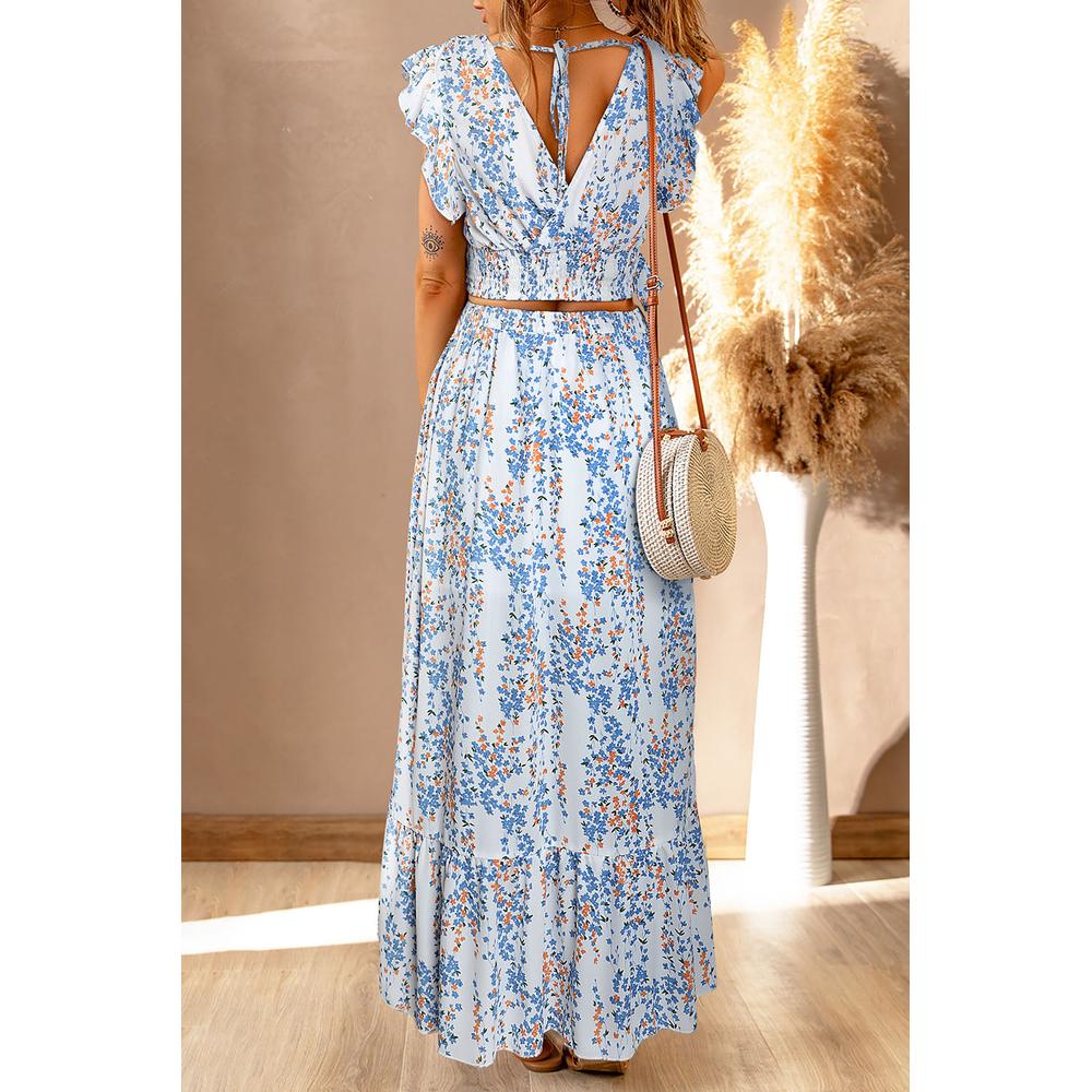 Azura Exchange Floral Ruffled Crop Top and Maxi Skirt Set - XL