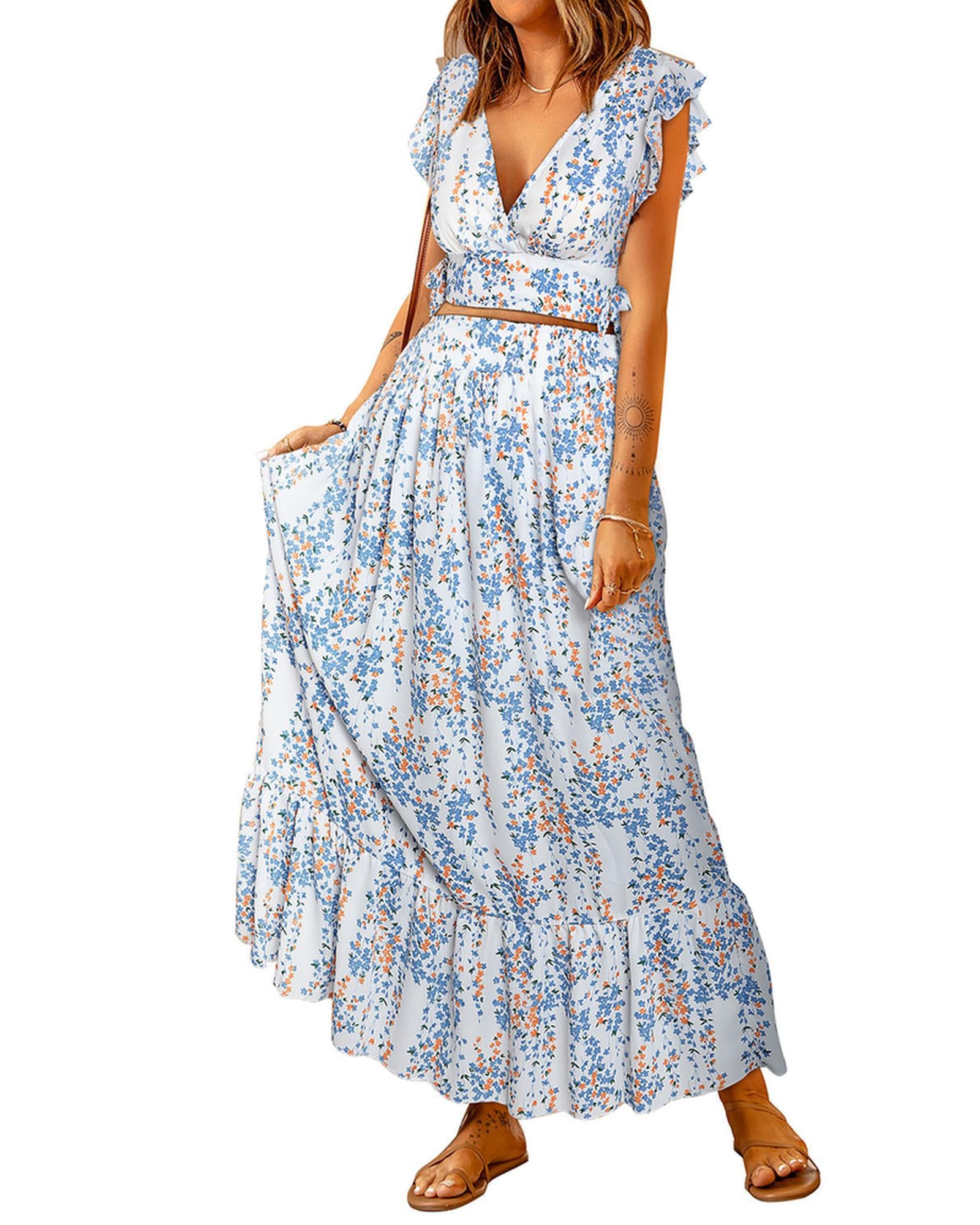 Azura Exchange Floral Ruffled Crop Top and Maxi Skirt Set - XL