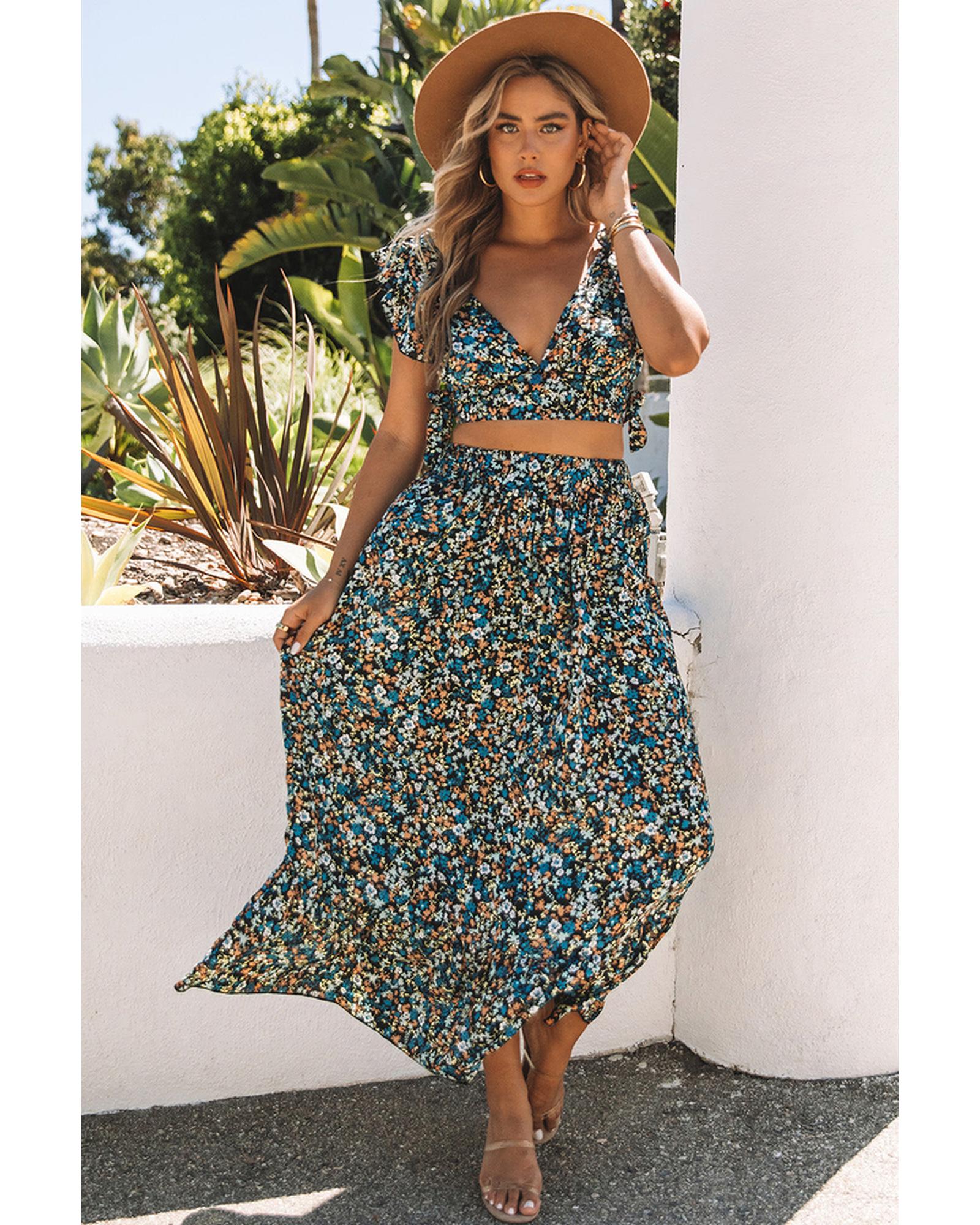 Azura Exchange Floral Ruffled Crop Top and Maxi Skirt Set - L