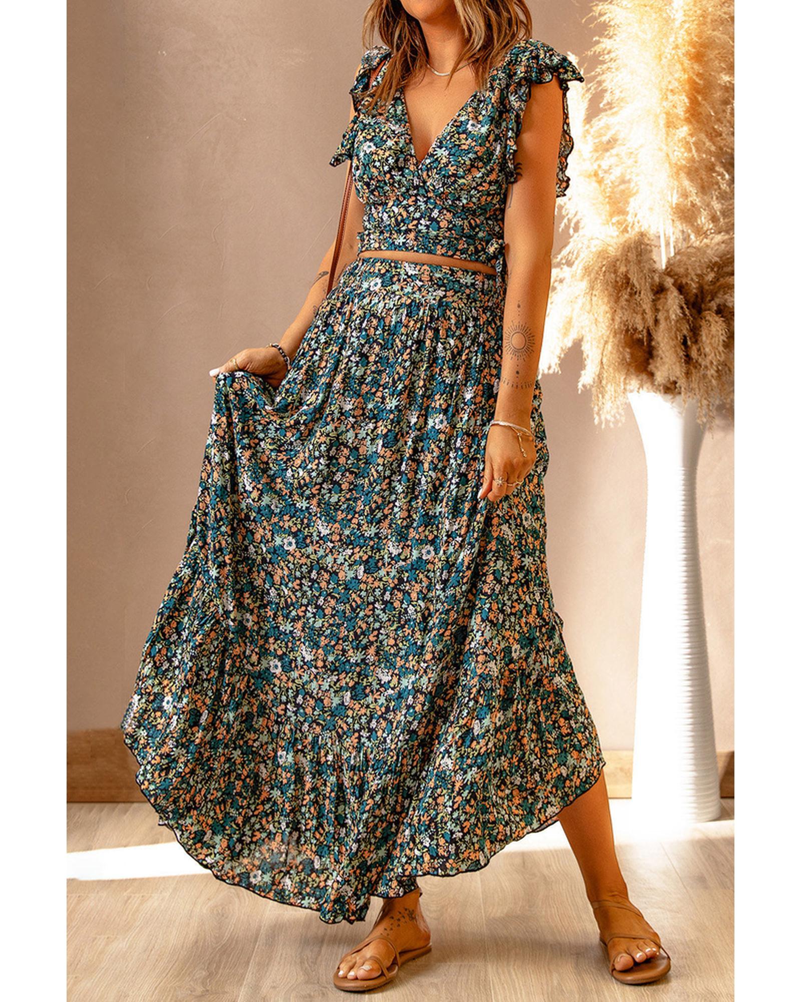 Azura Exchange Floral Ruffled Crop Top and Maxi Skirt Set - S