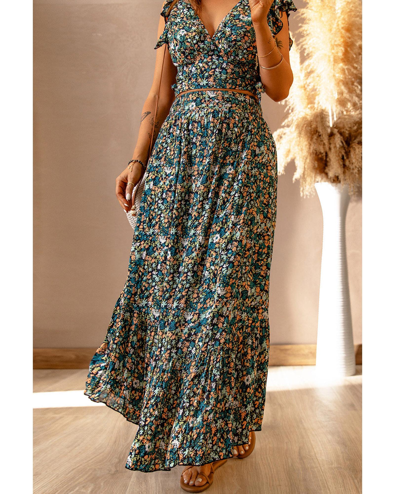 Azura Exchange Floral Ruffled Crop Top and Maxi Skirt Set - S