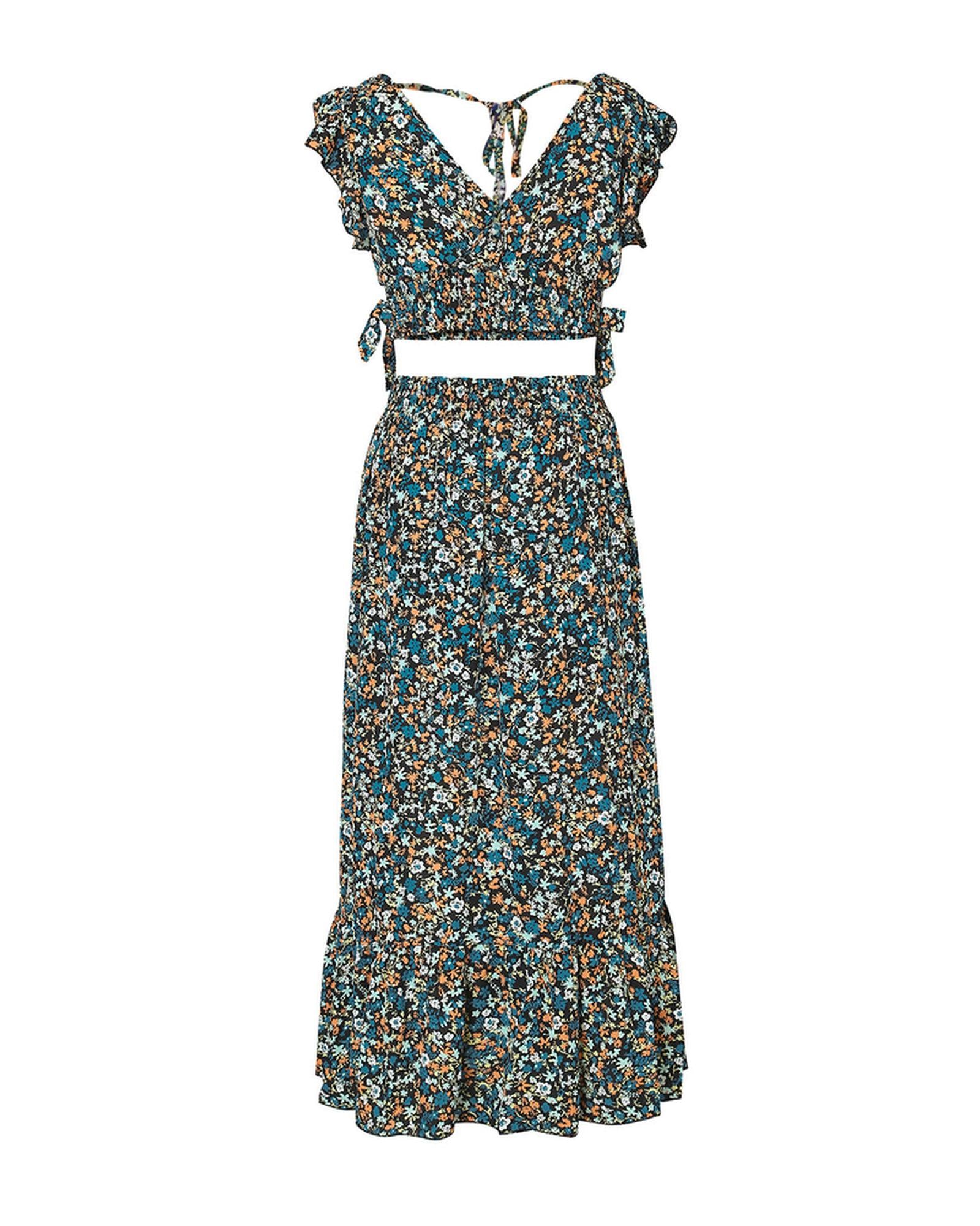 Azura Exchange Floral Ruffled Crop Top and Maxi Skirt Set - S