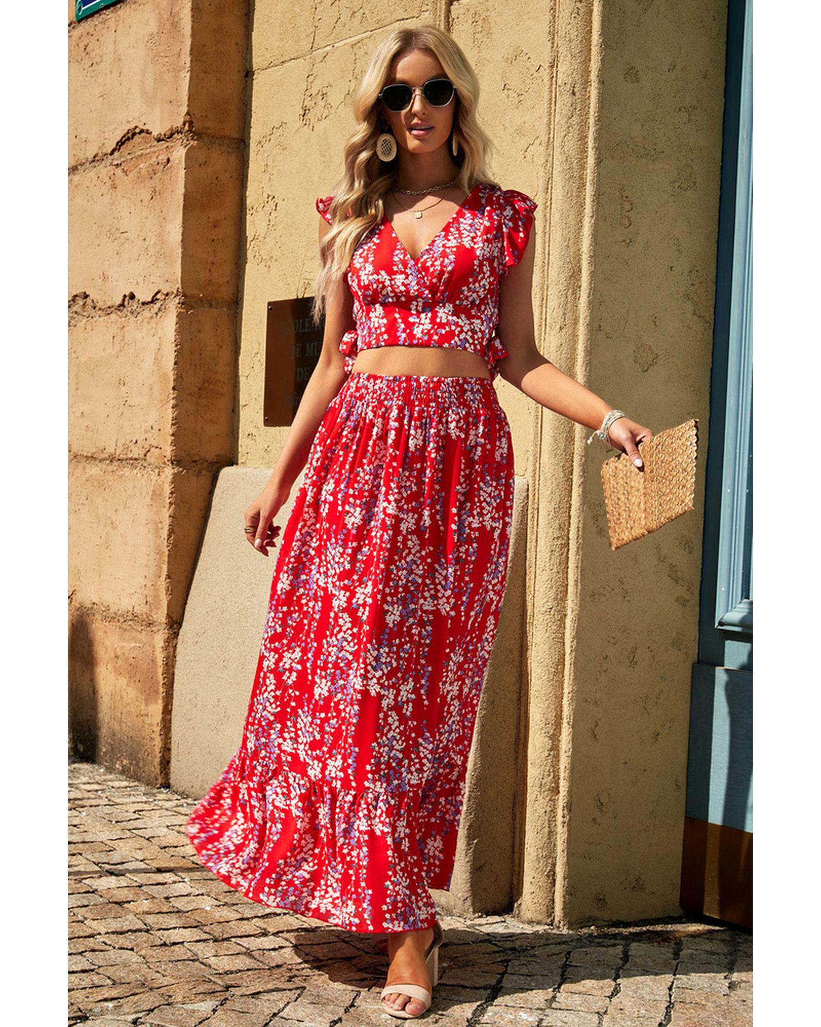 Azura Exchange Floral Ruffled Crop Top and Maxi Skirt Set - XL