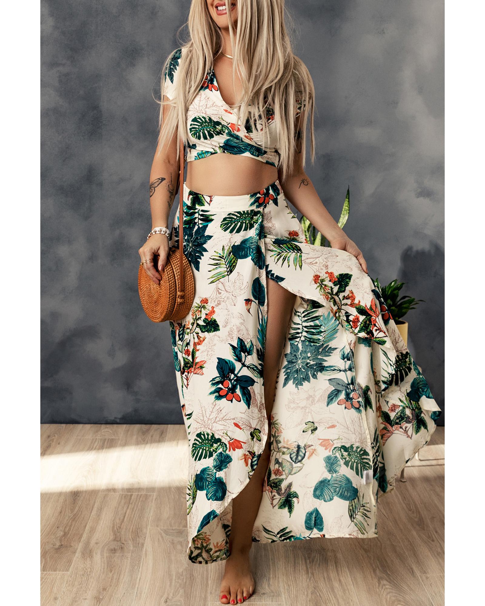 Azura Exchange Tropical Print Crop Top and Maxi Skirt Set - XL