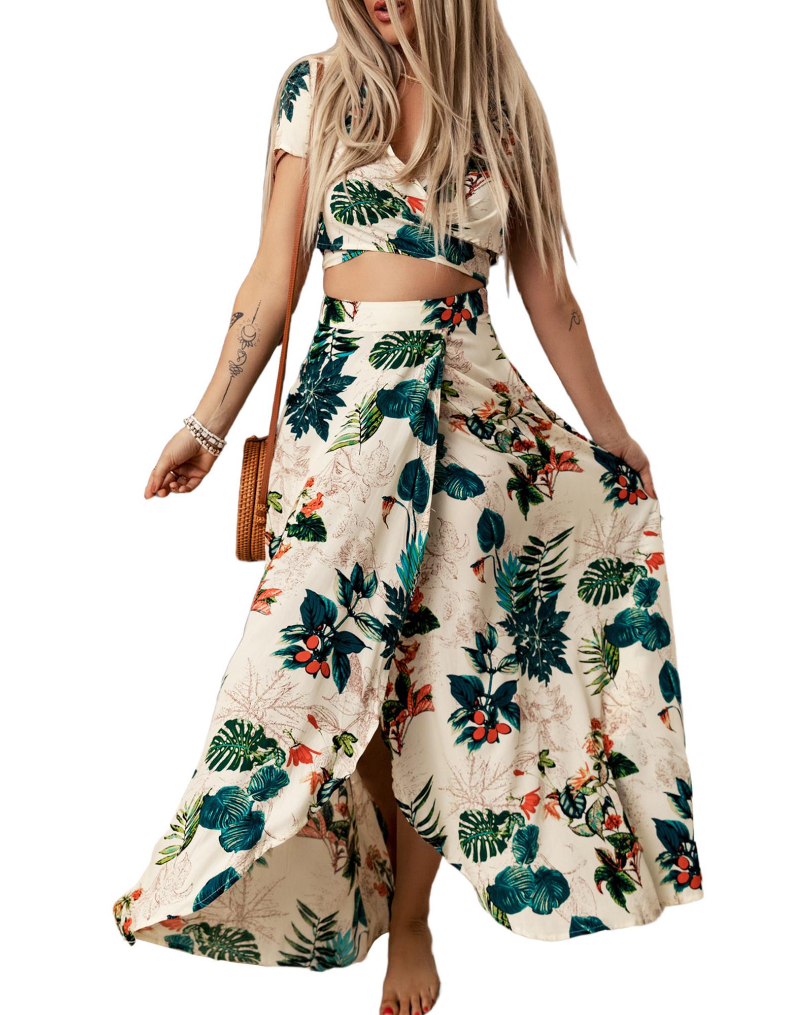 Azura Exchange Tropical Print Crop Top and Maxi Skirt Set - XL