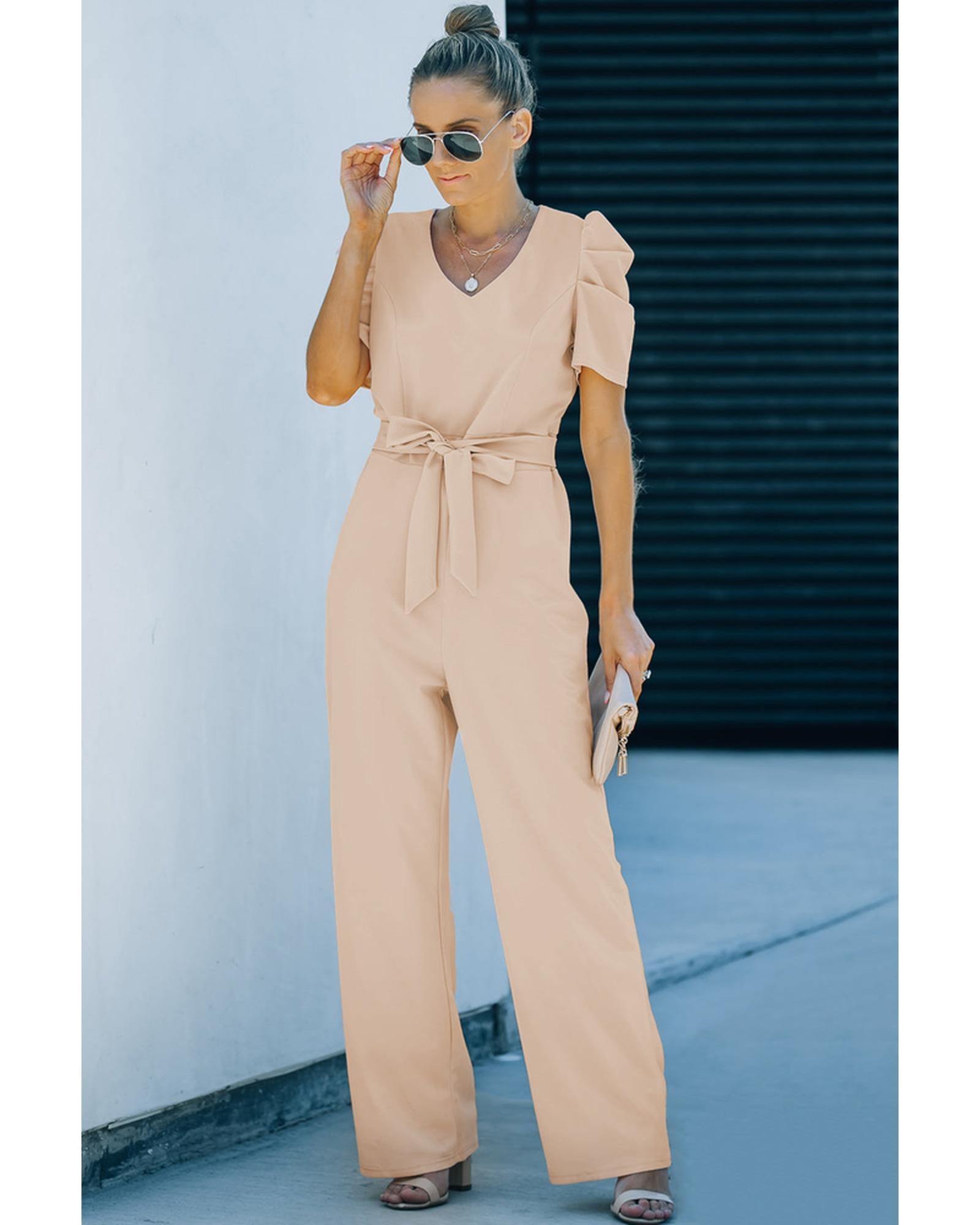 Azura Exchange Knotted High Waist Short Sleeve Jumpsuit - L