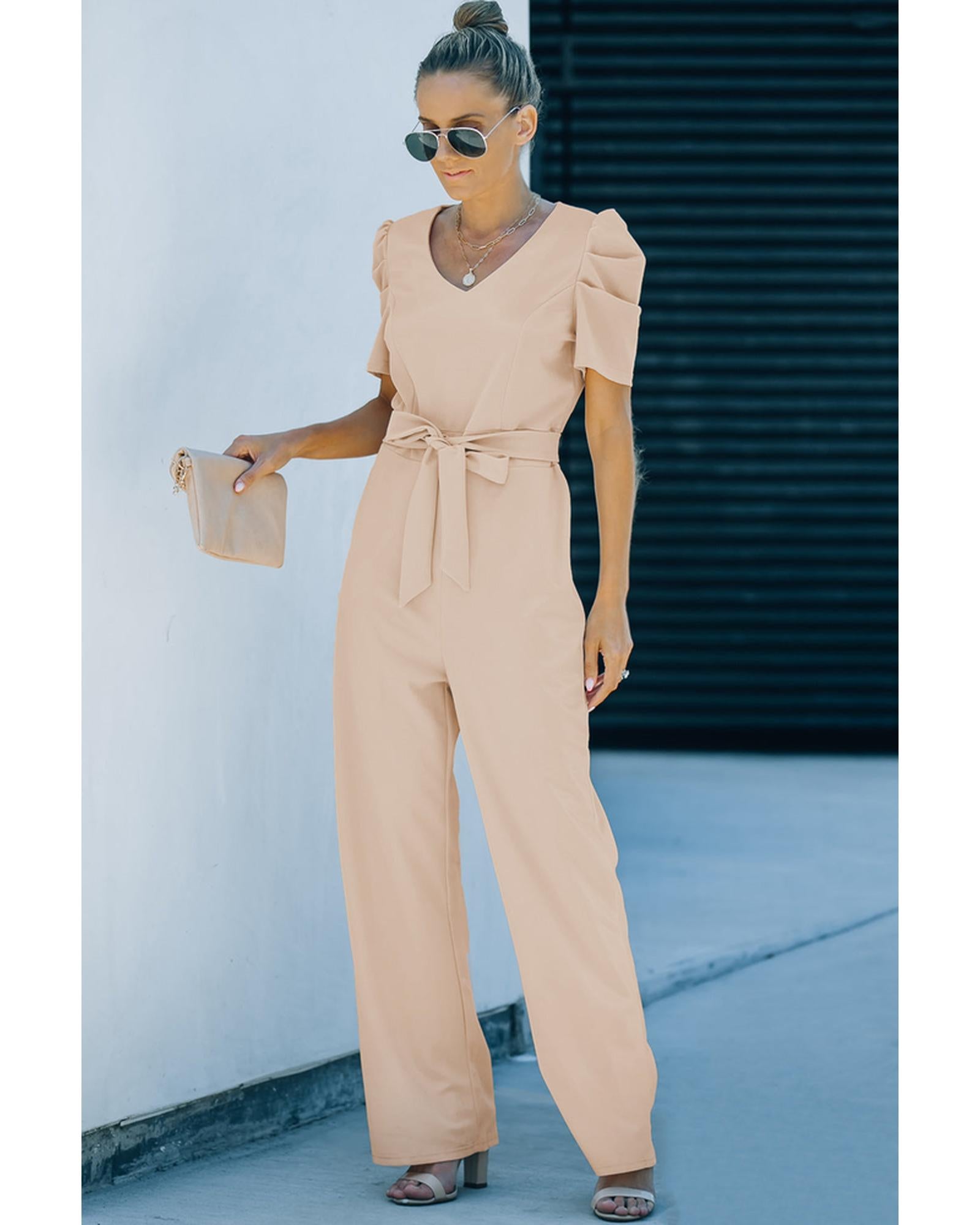 Azura Exchange Knotted High Waist Short Sleeve Jumpsuit - M