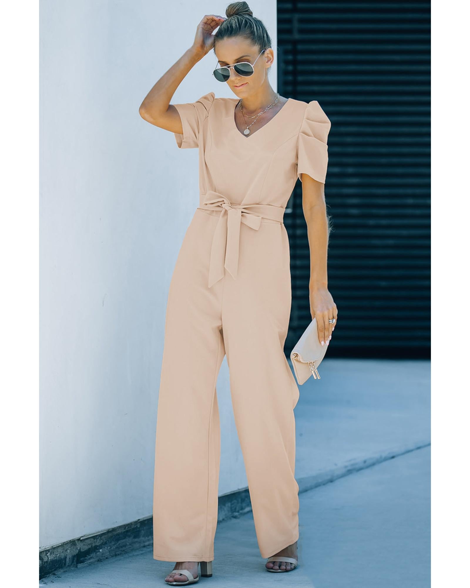 Azura Exchange Knotted High Waist Short Sleeve Jumpsuit - M