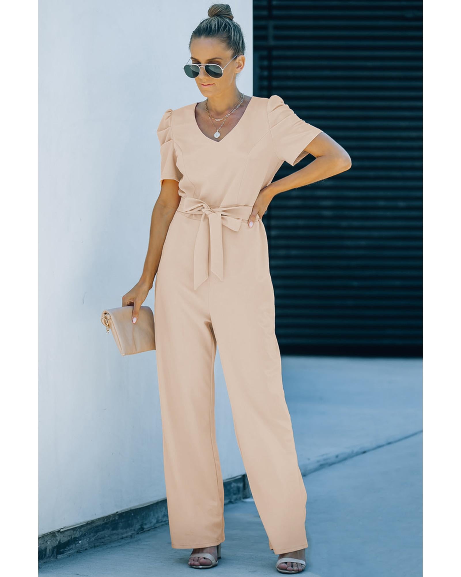 Azura Exchange Knotted High Waist Short Sleeve Jumpsuit - M