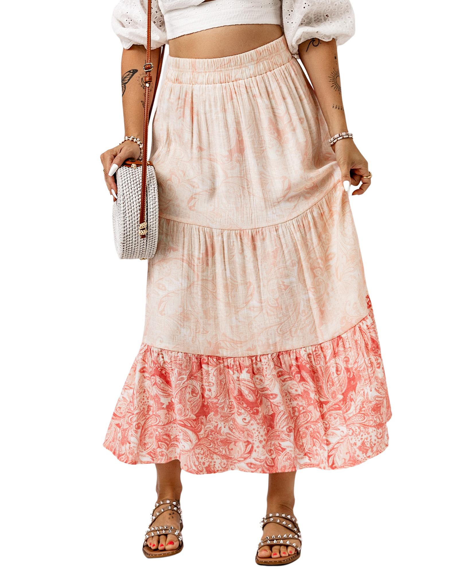 Azura Exchange Tiered Maxi Skirt with Floral Print - L