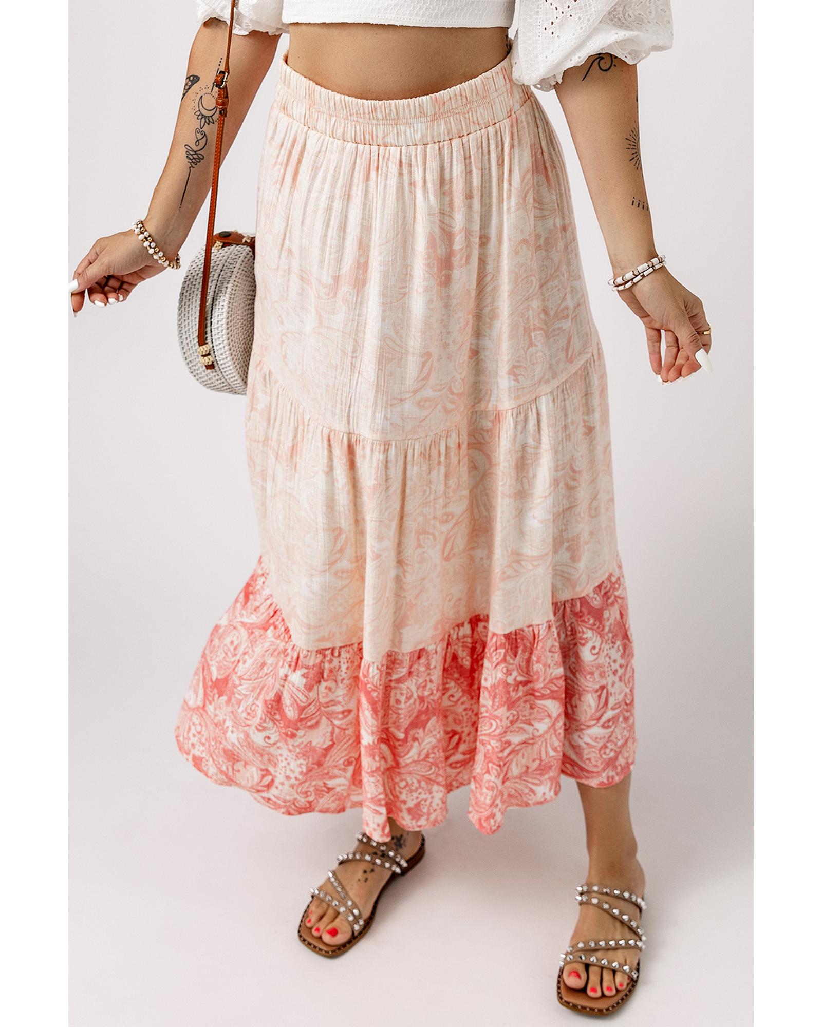 Azura Exchange Tiered Maxi Skirt with Floral Print - L