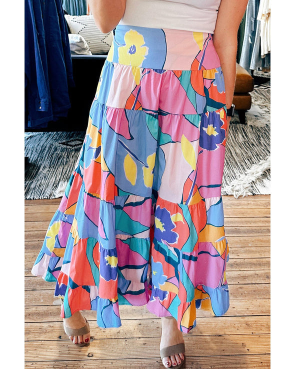 Pink Printed Pocketed High Waist Maxi Skirt - M