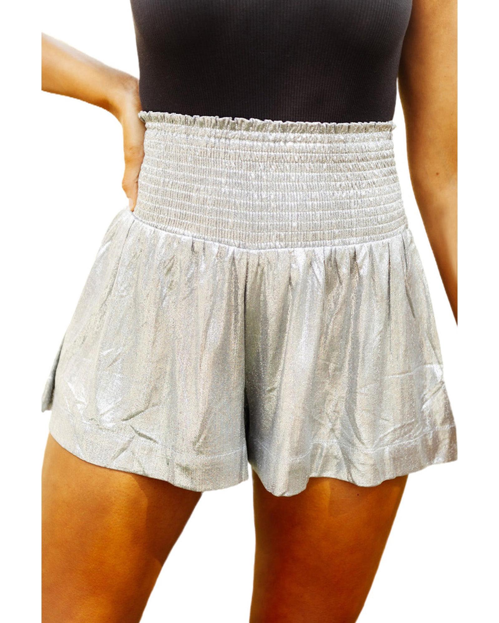 Azura Exchange Smocked High Waist Shorts with Metallic Sheen - L