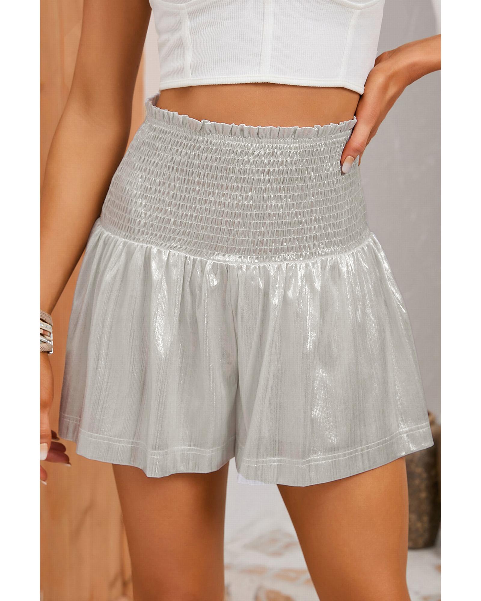 Azura Exchange Smocked High Waist Shorts with Metallic Sheen - L