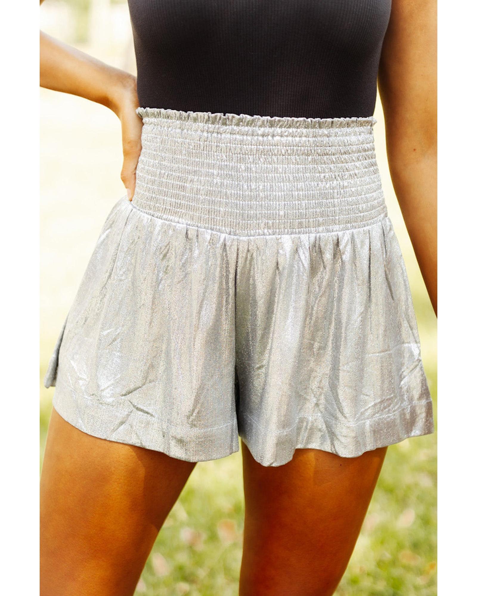 Azura Exchange Smocked High Waist Shorts with Metallic Sheen - M