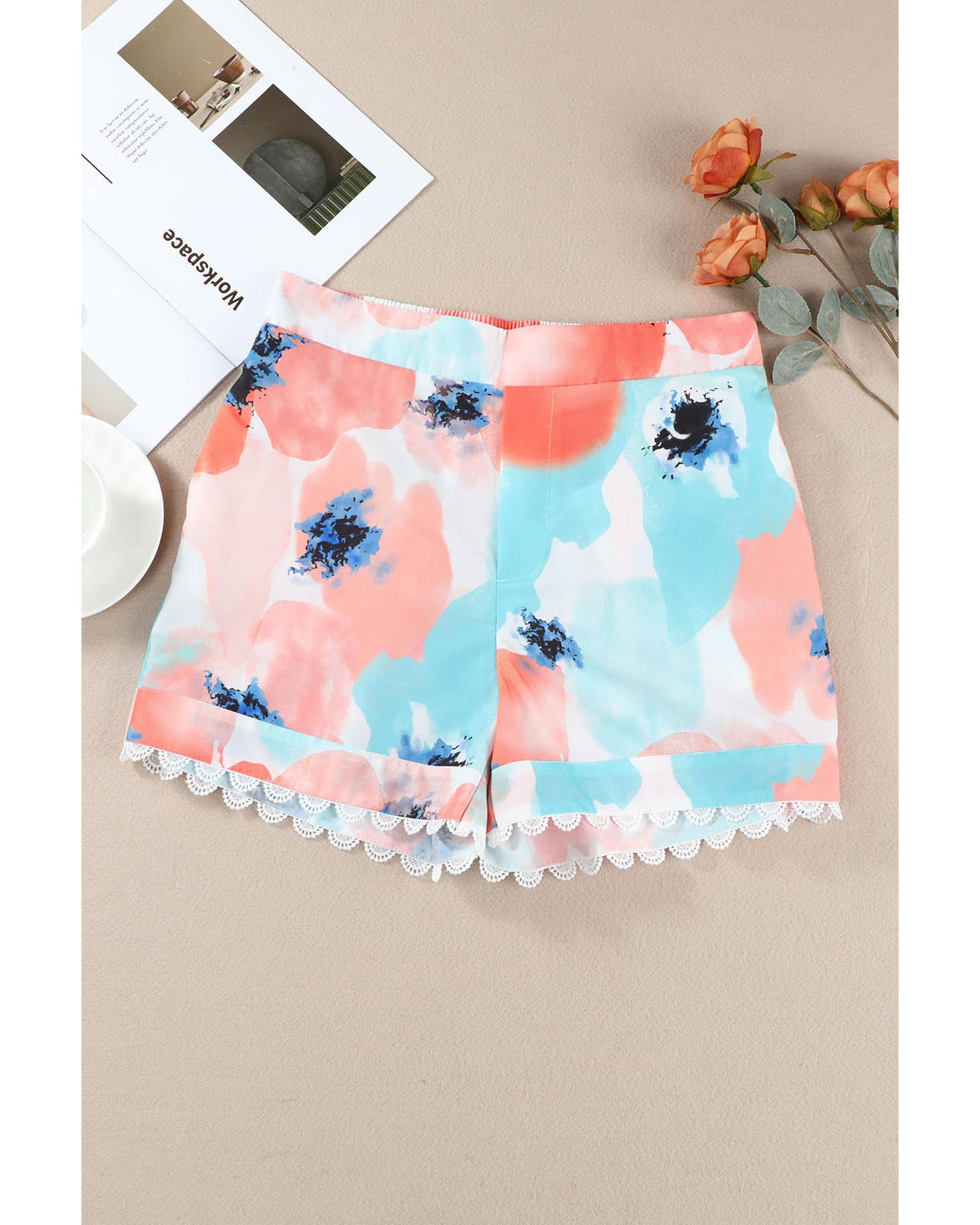 Azura Exchange Water Marbling Print Lace Trim Shorts - 10 US