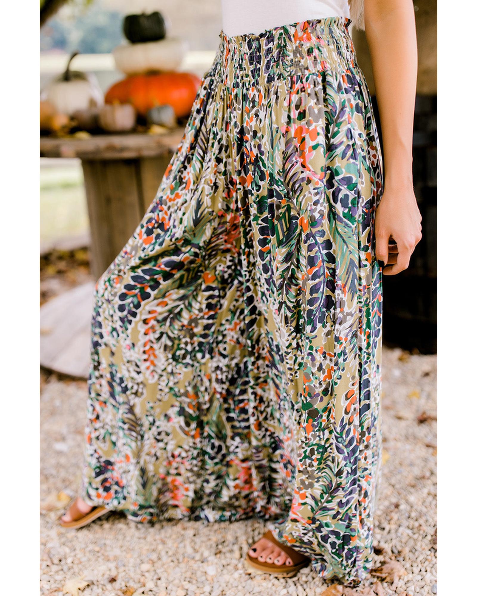 Azura Exchange Floral Print Shirred High Waist Wide Leg Pants - M