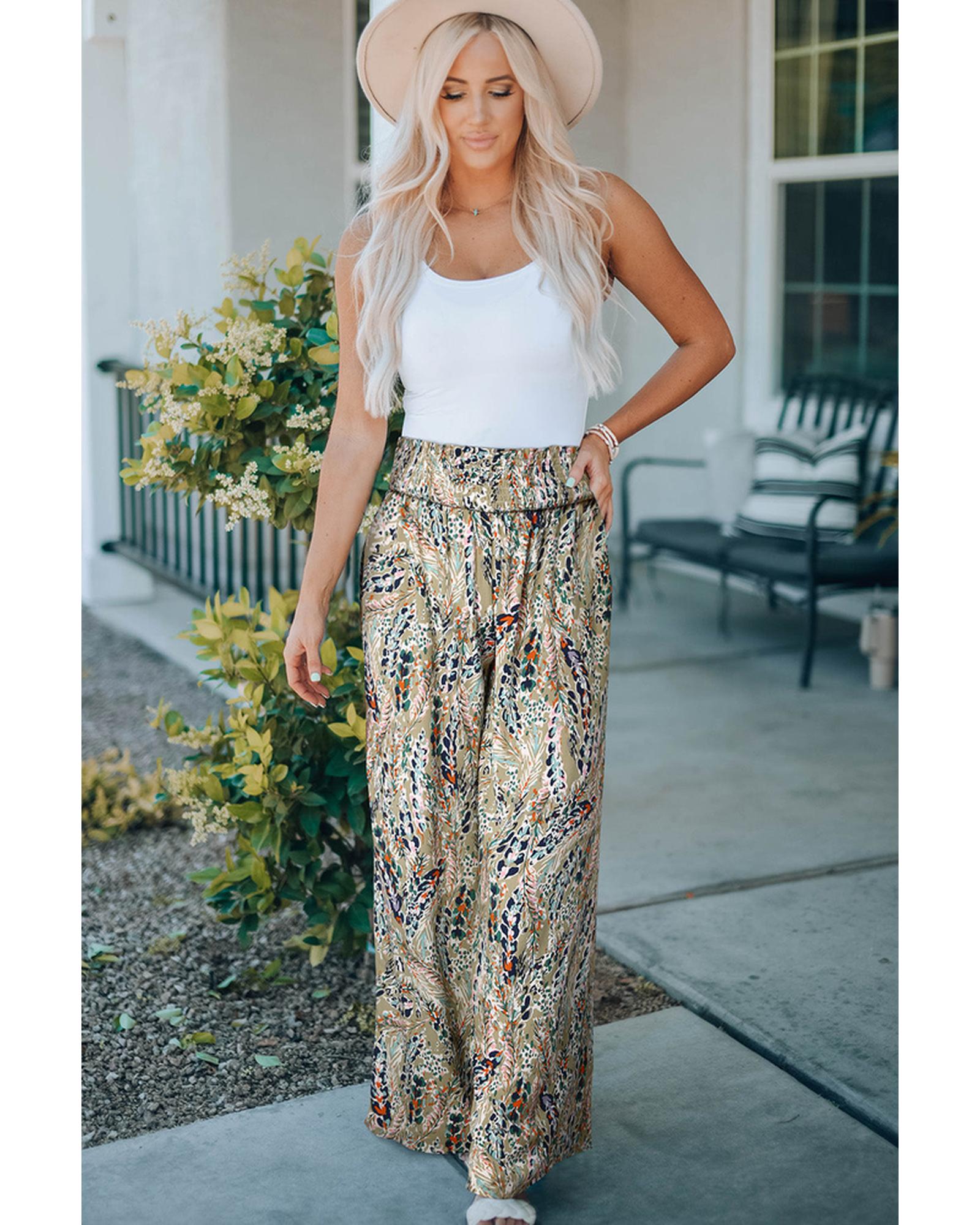 Azura Exchange Floral Print Shirred High Waist Wide Leg Pants - M