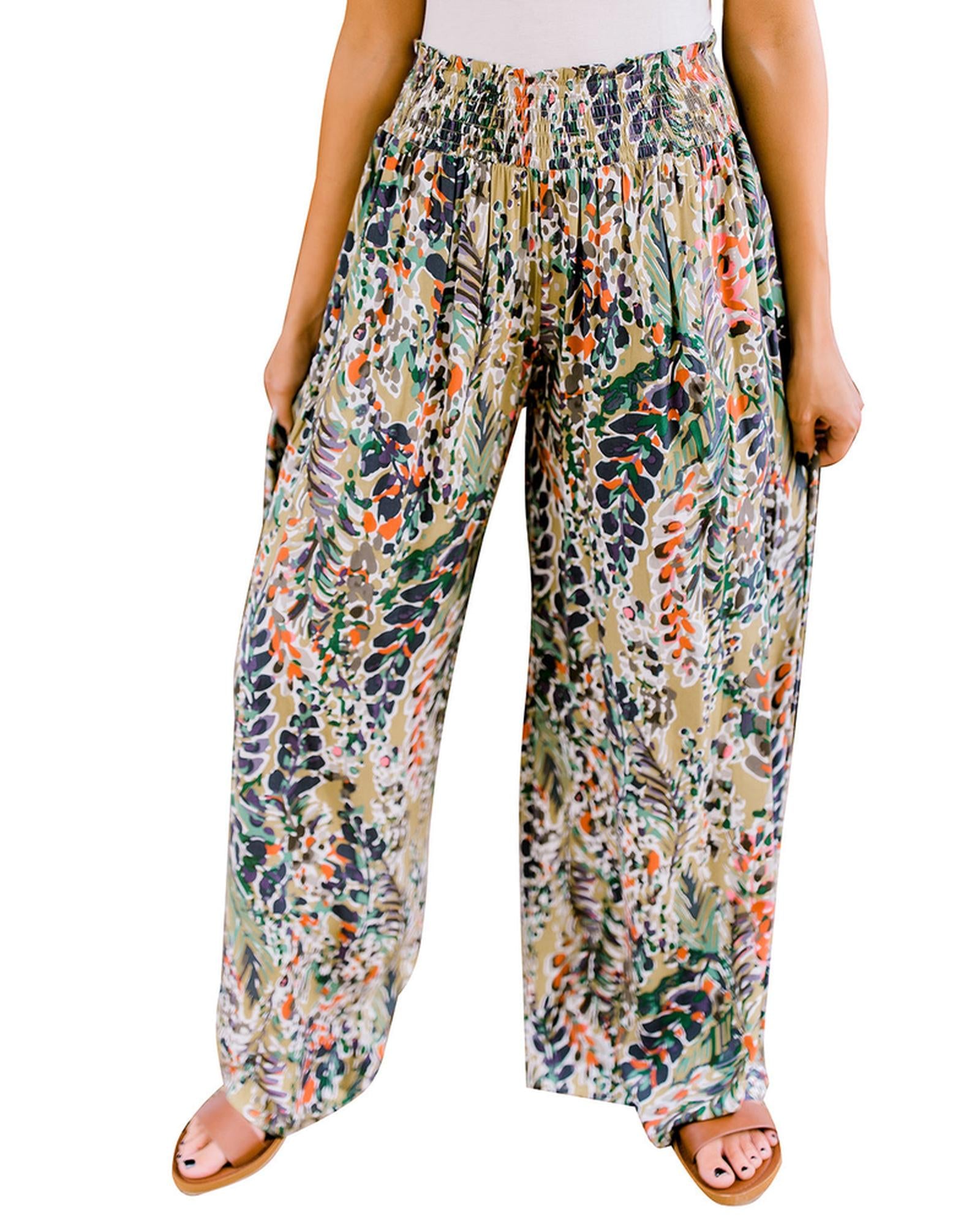 Azura Exchange Floral Print Shirred High Waist Wide Leg Pants - S