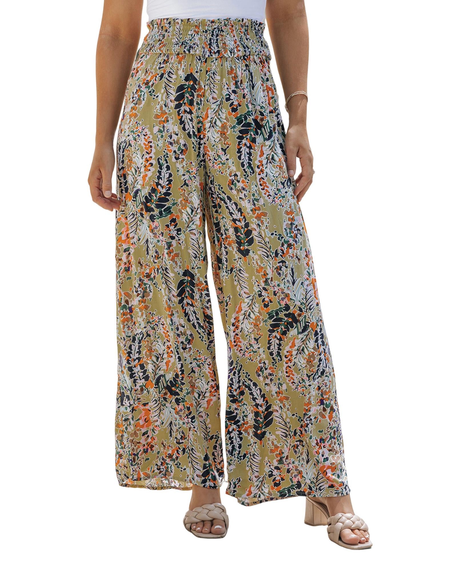 Azura Exchange Floral Print Shirred High Waist Wide Leg Pants - XL