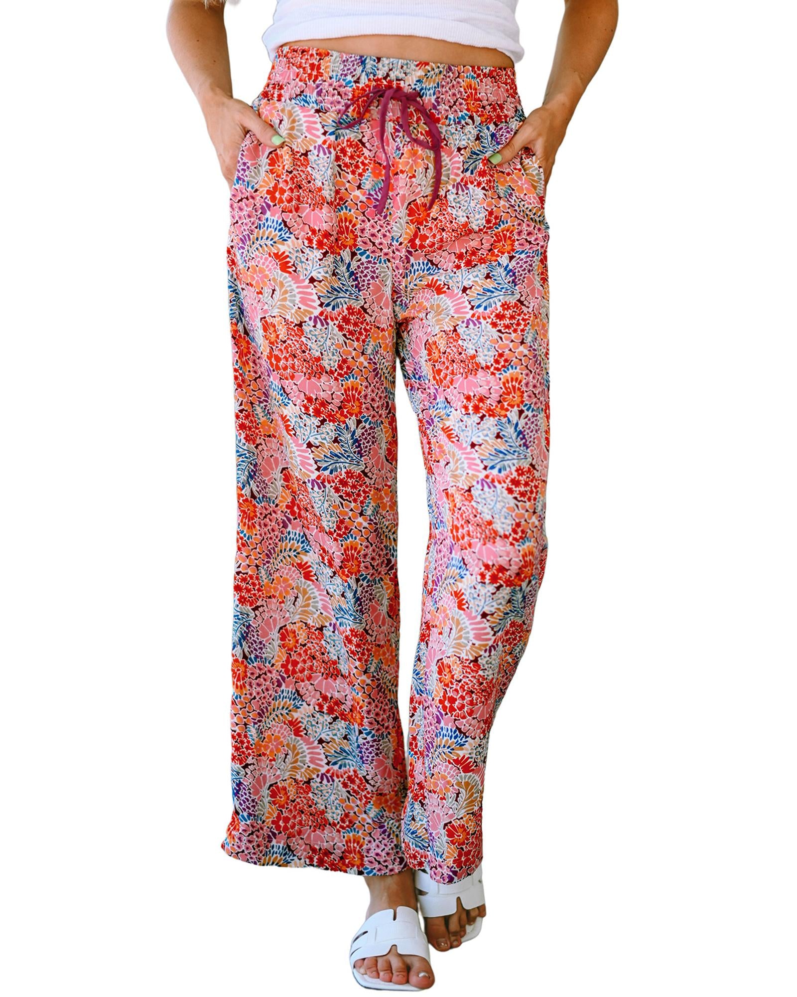 Azura Exchange Print Drawstring Smocked High Waist Pants - XL