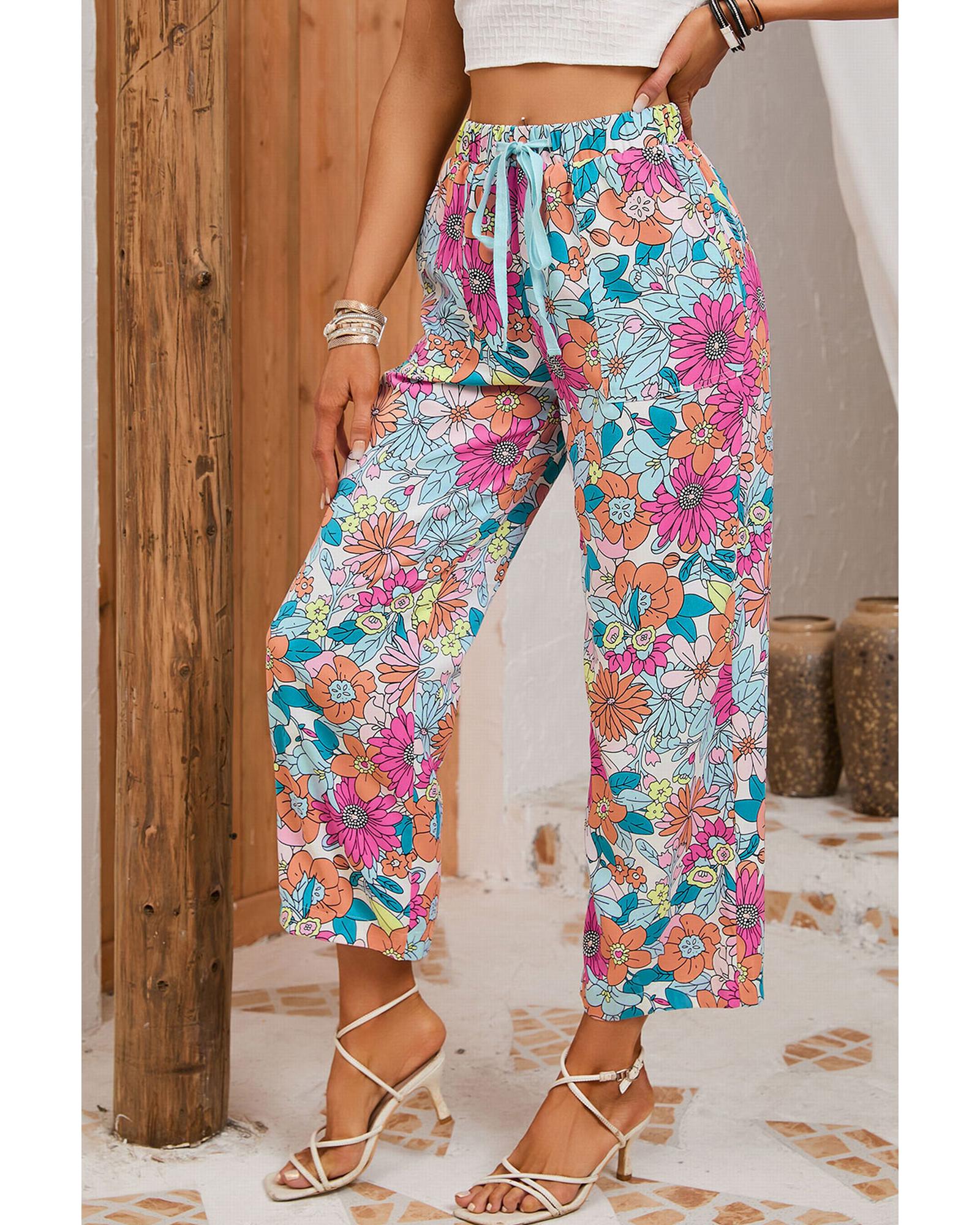 Azura Exchange Flower Print Pocketed Drawstring Waist Wide Leg Pants - M