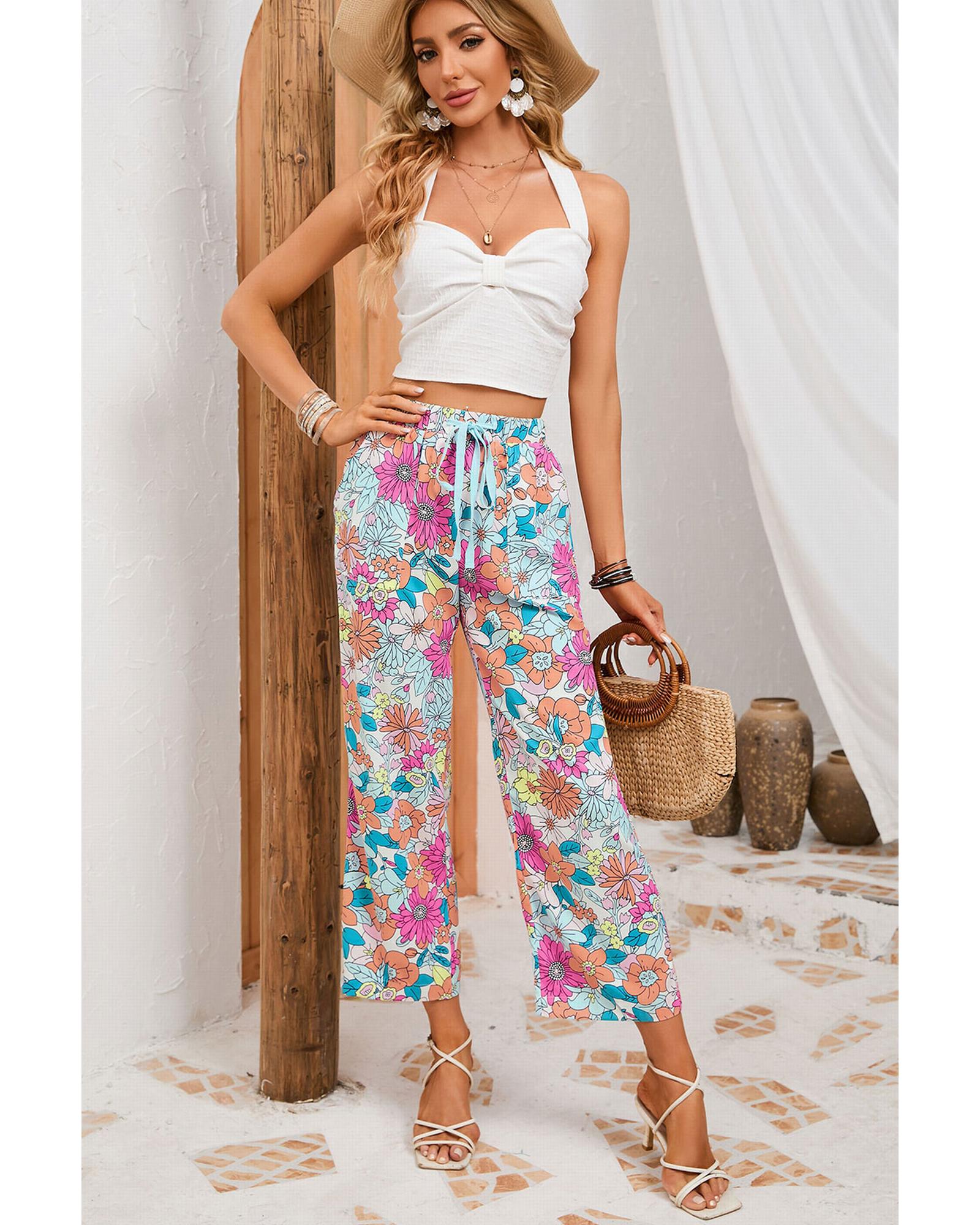 Azura Exchange Flower Print Pocketed Drawstring Waist Wide Leg Pants - S