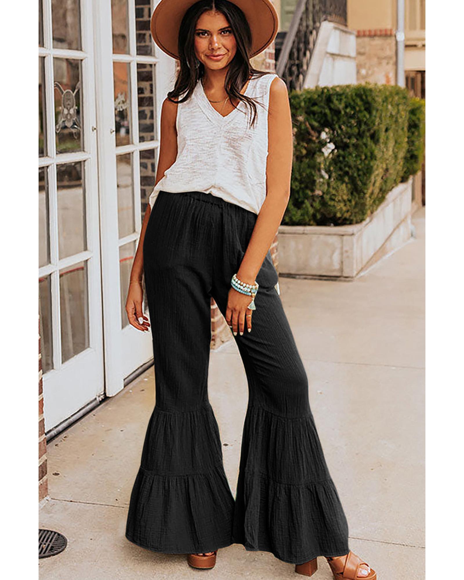 Azura Exchange Textured Ruffled Bell Bottom Pants - S