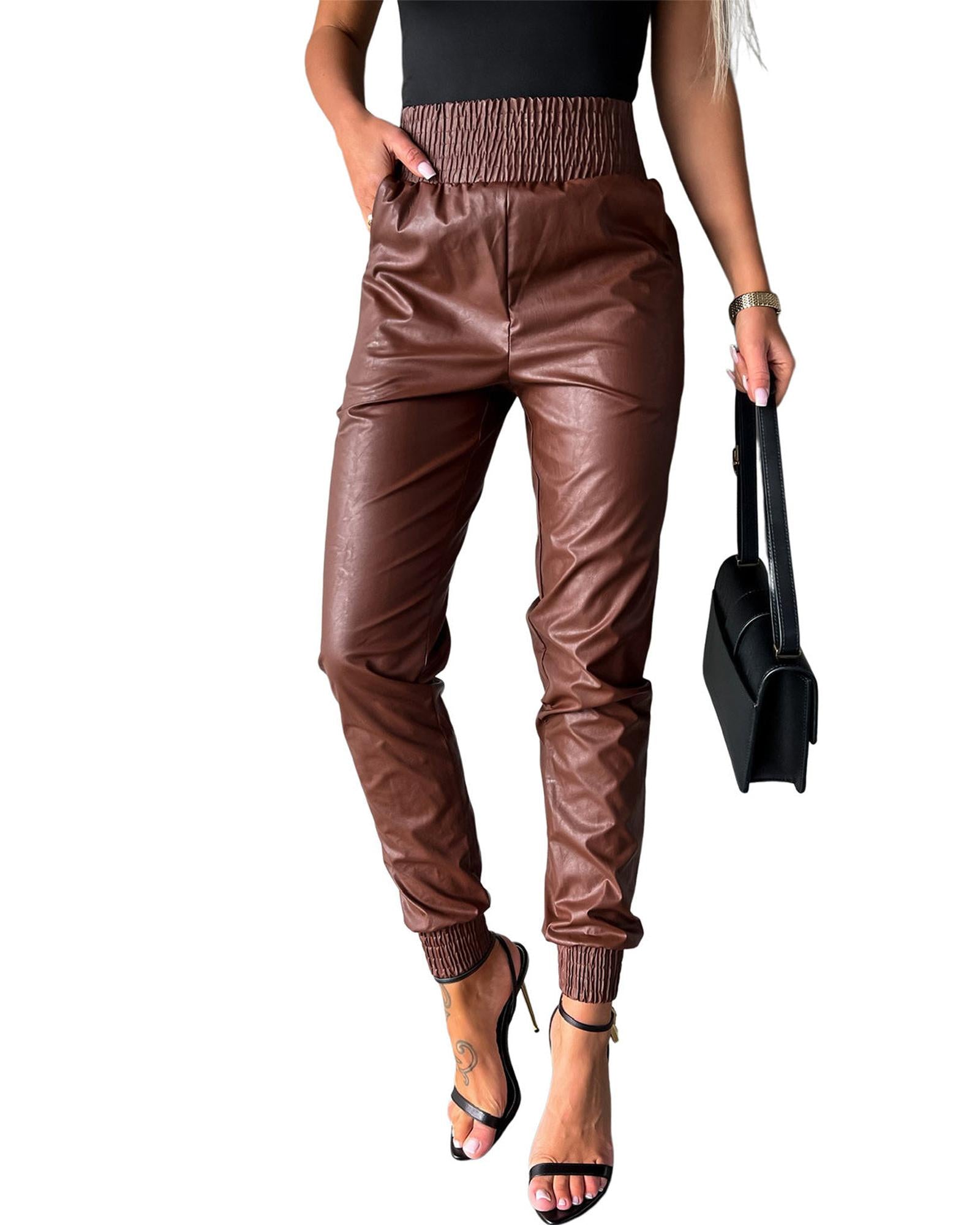 Azura Exchange Smocked High-Waist Leather Skinny Pants - M