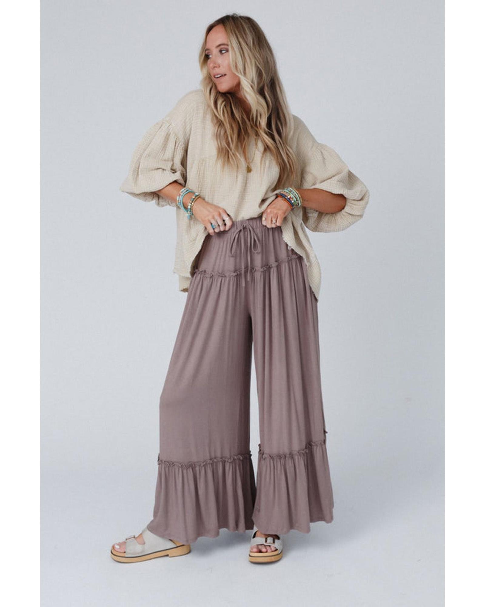 Azura Exchange Frilled Drawstring High Waist Wide Leg Pants - L