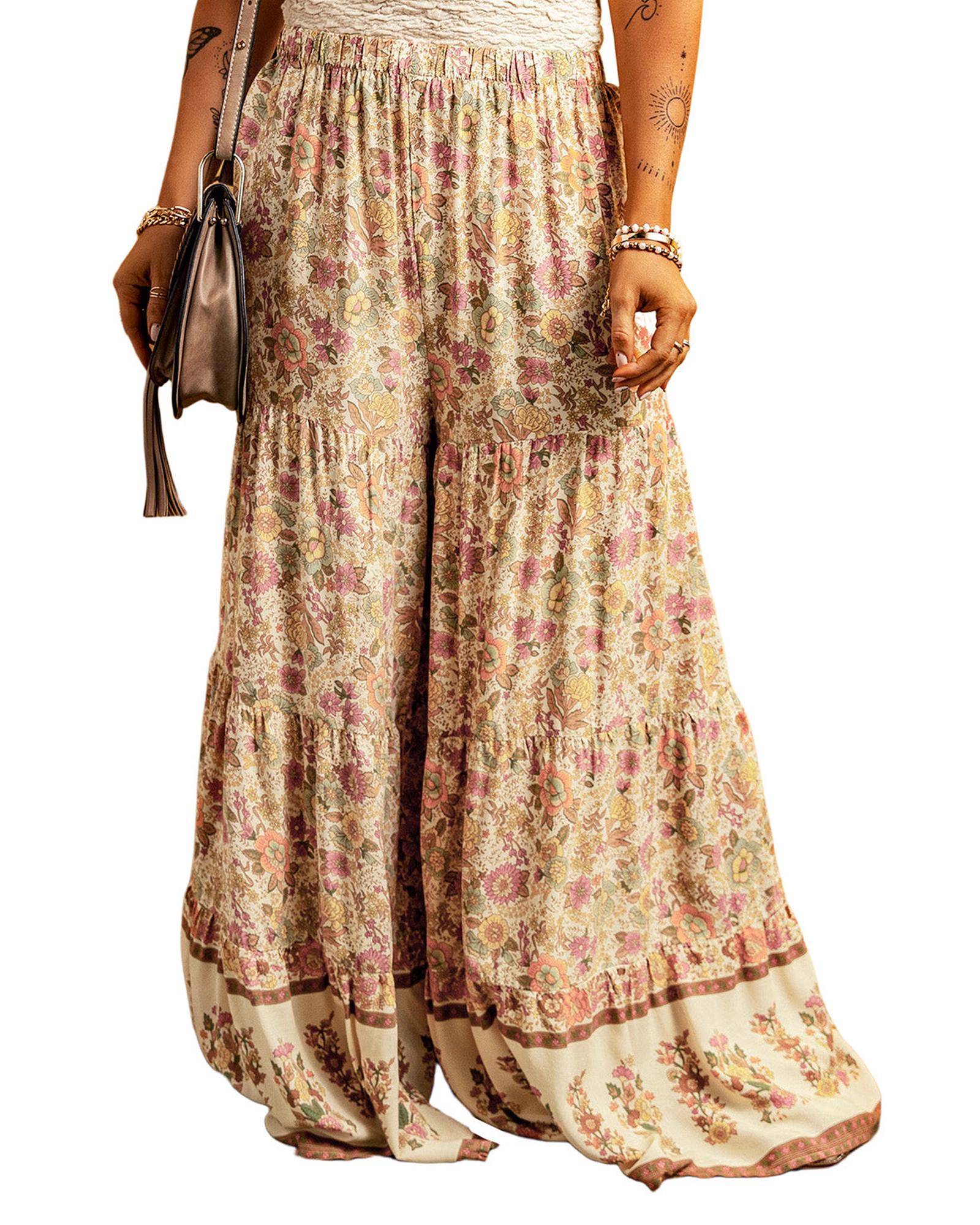 Azura Exchange Boho Floral Patchwork Wide Leg Pants - L