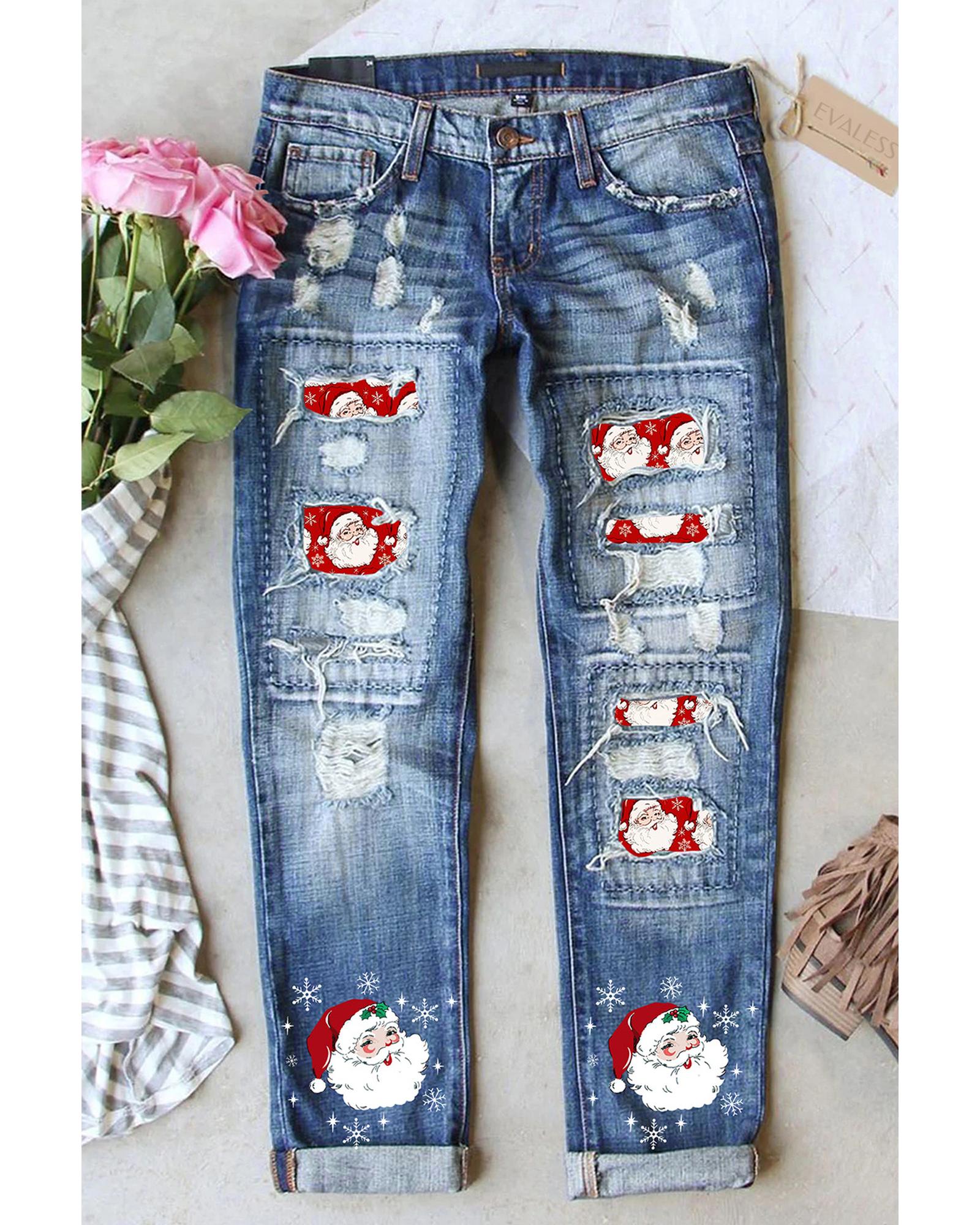 Azura Exchange Santa Claus Patchwork Distressed Boyfriend Jeans - 10 US