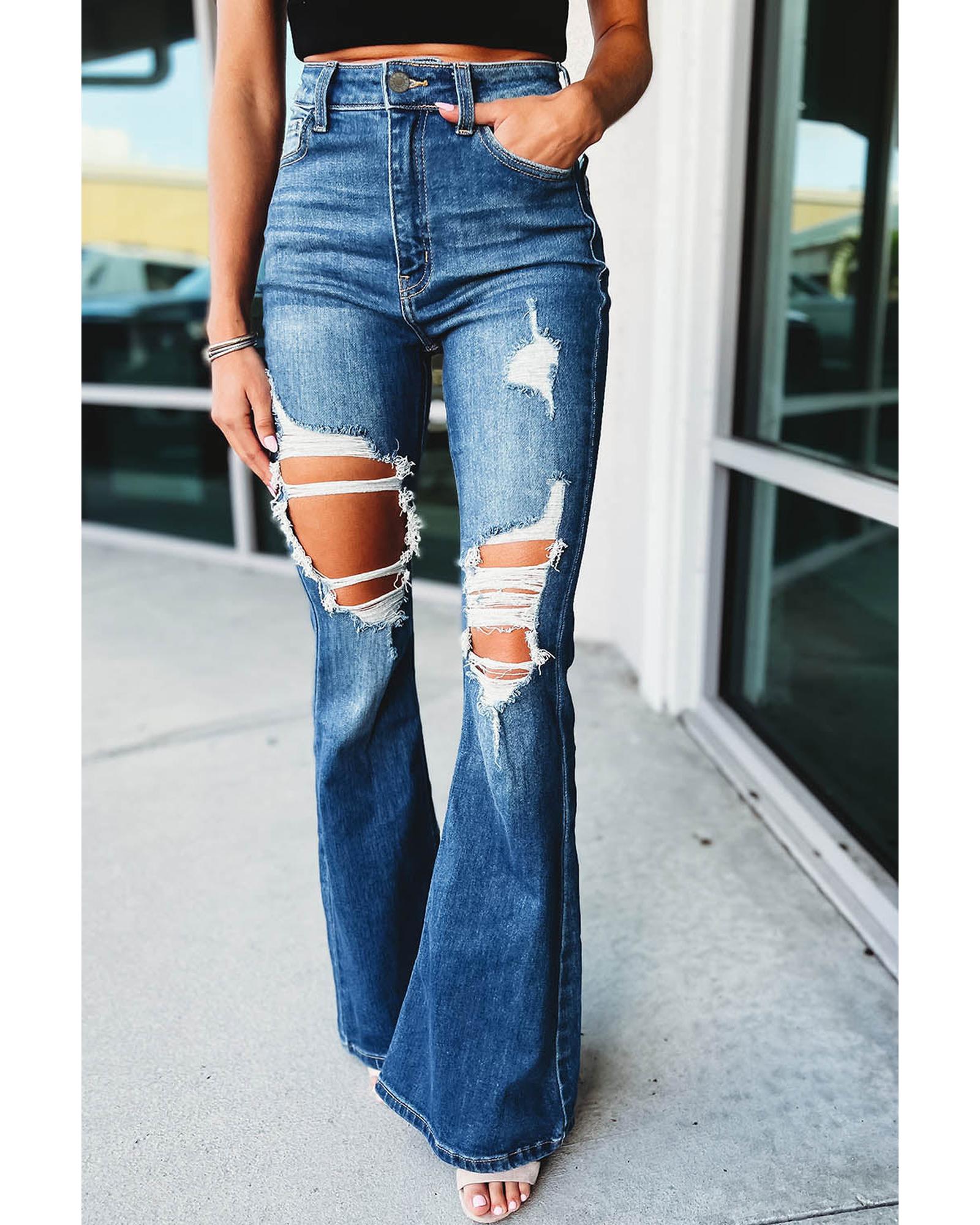 Azura Exchange Distressed Cutout Flare Leg Jeans - 6 US