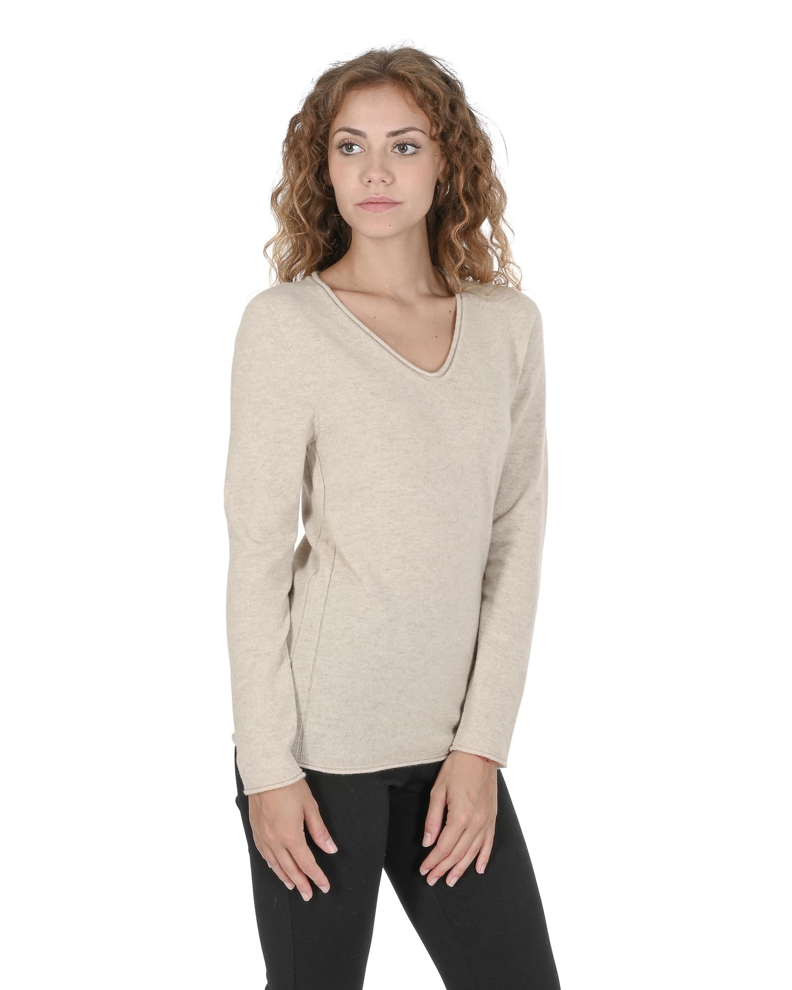 Crown of Edinburgh Cashmere Women's Premium Italian Cashmere V-Neck Sweater in Beige - 46 EU