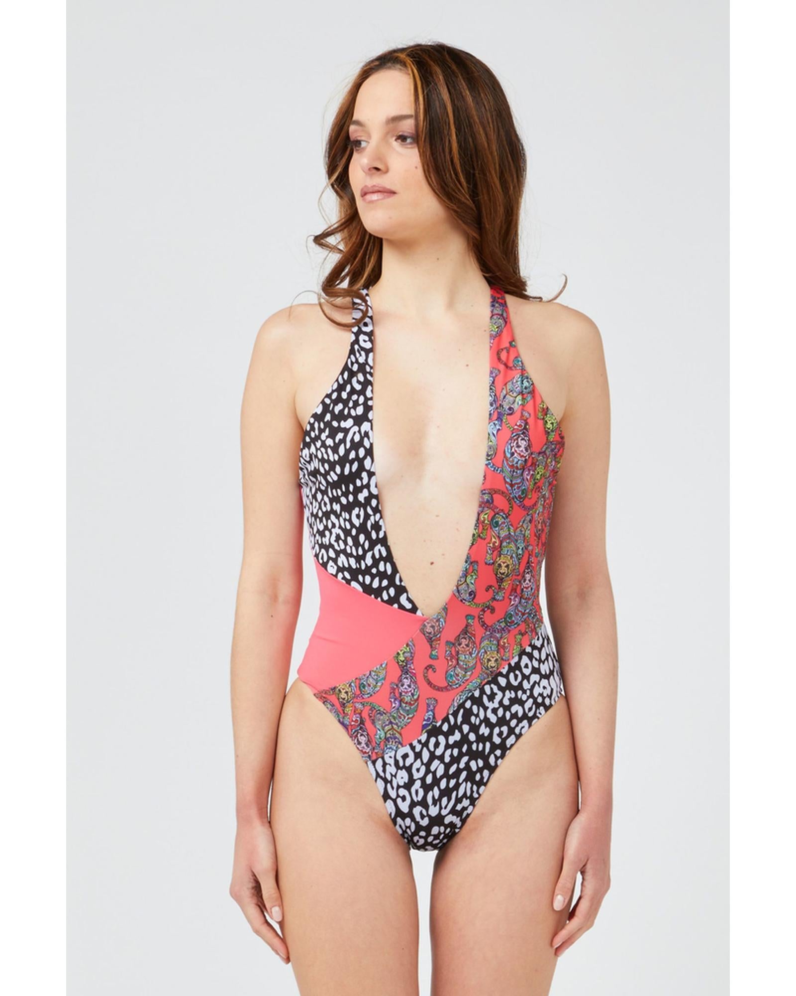 Patterned Body Swimsuit with Wide Neckline M Women