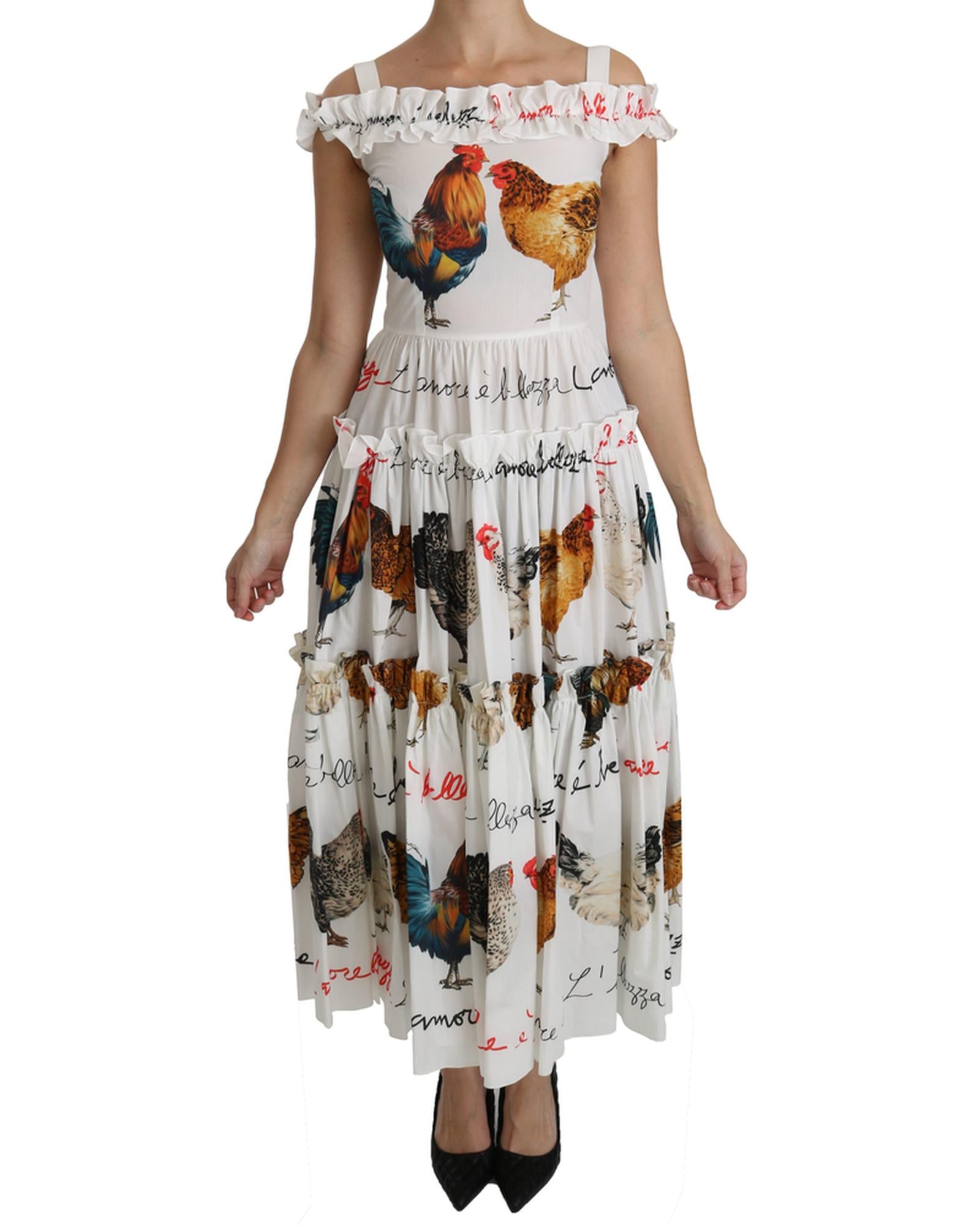 100% Authentic Dolce & Gabbana Sheath Midi Dress with Rooster Print 38 IT Women