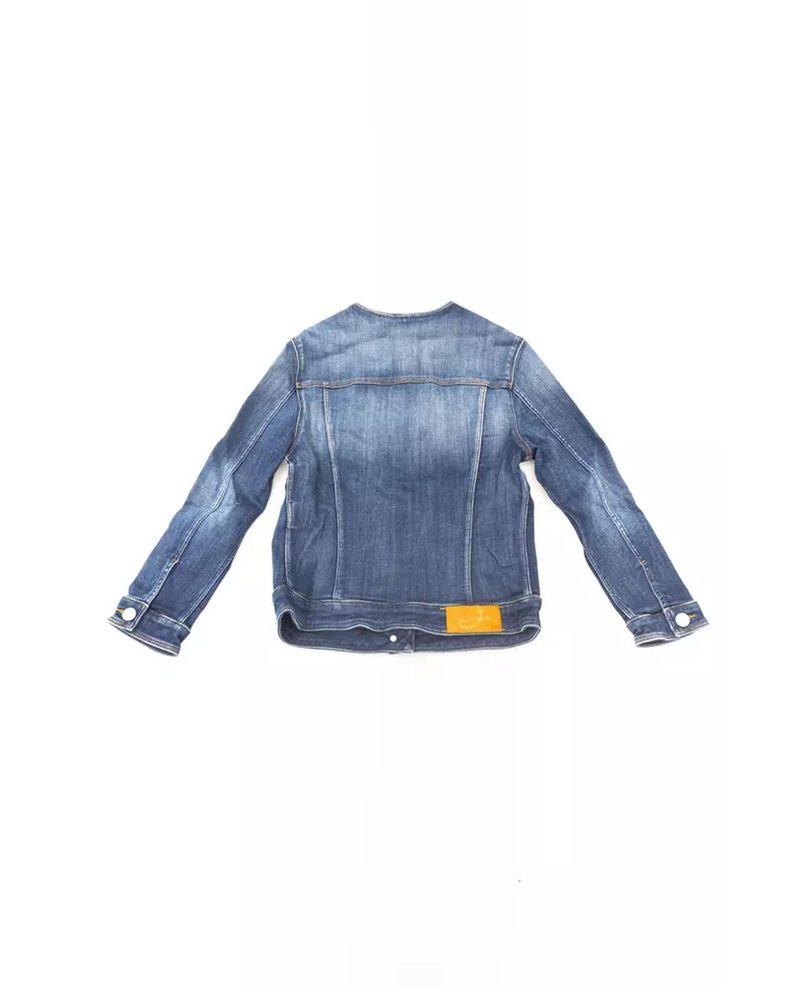 Round Neckline Denim Jacket with Metal Buttons and Contrast Stitching M Women