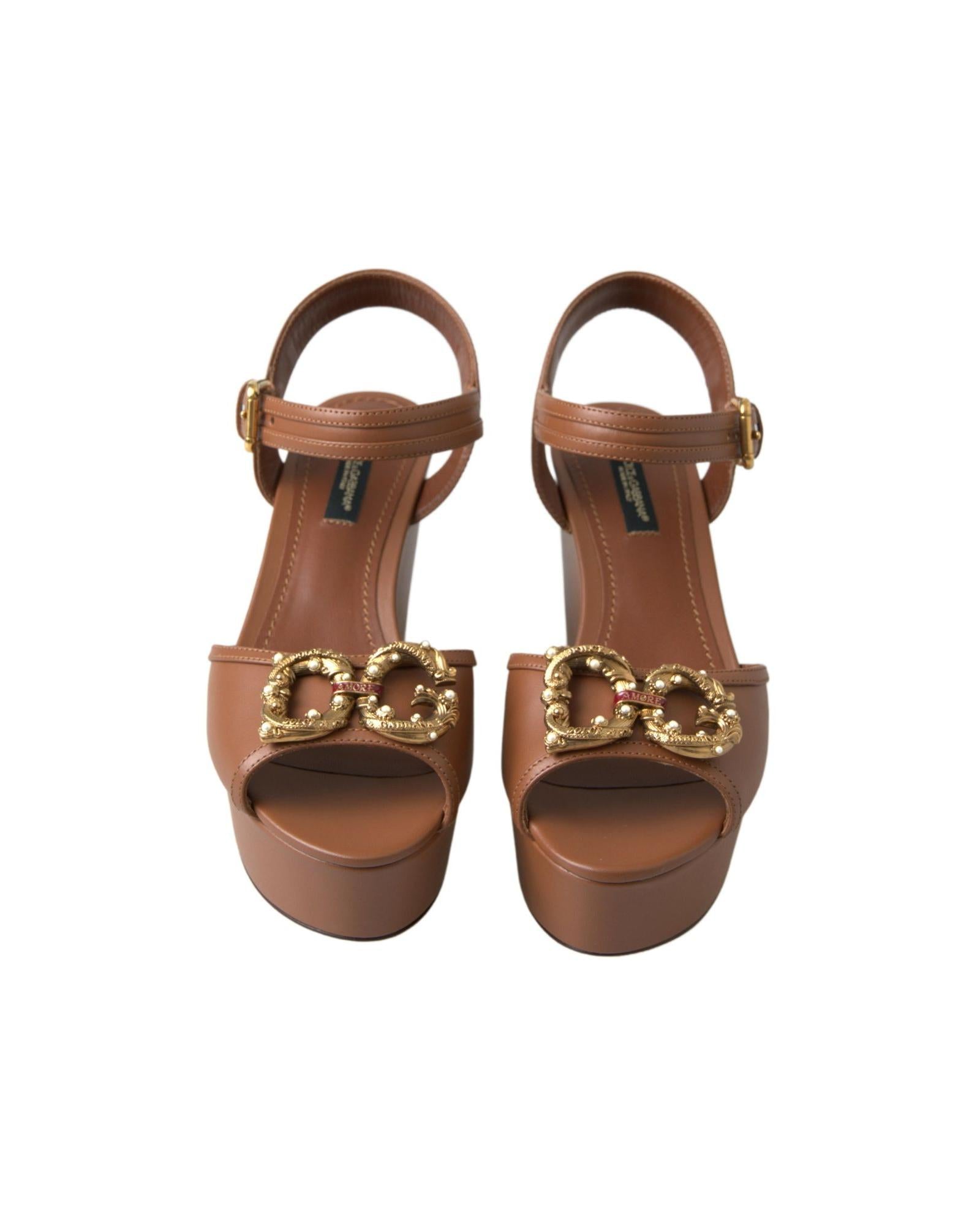 Dolce & Gabbana Women's Brown Leather AMORE Wedges Sandals Shoes - 36 EU