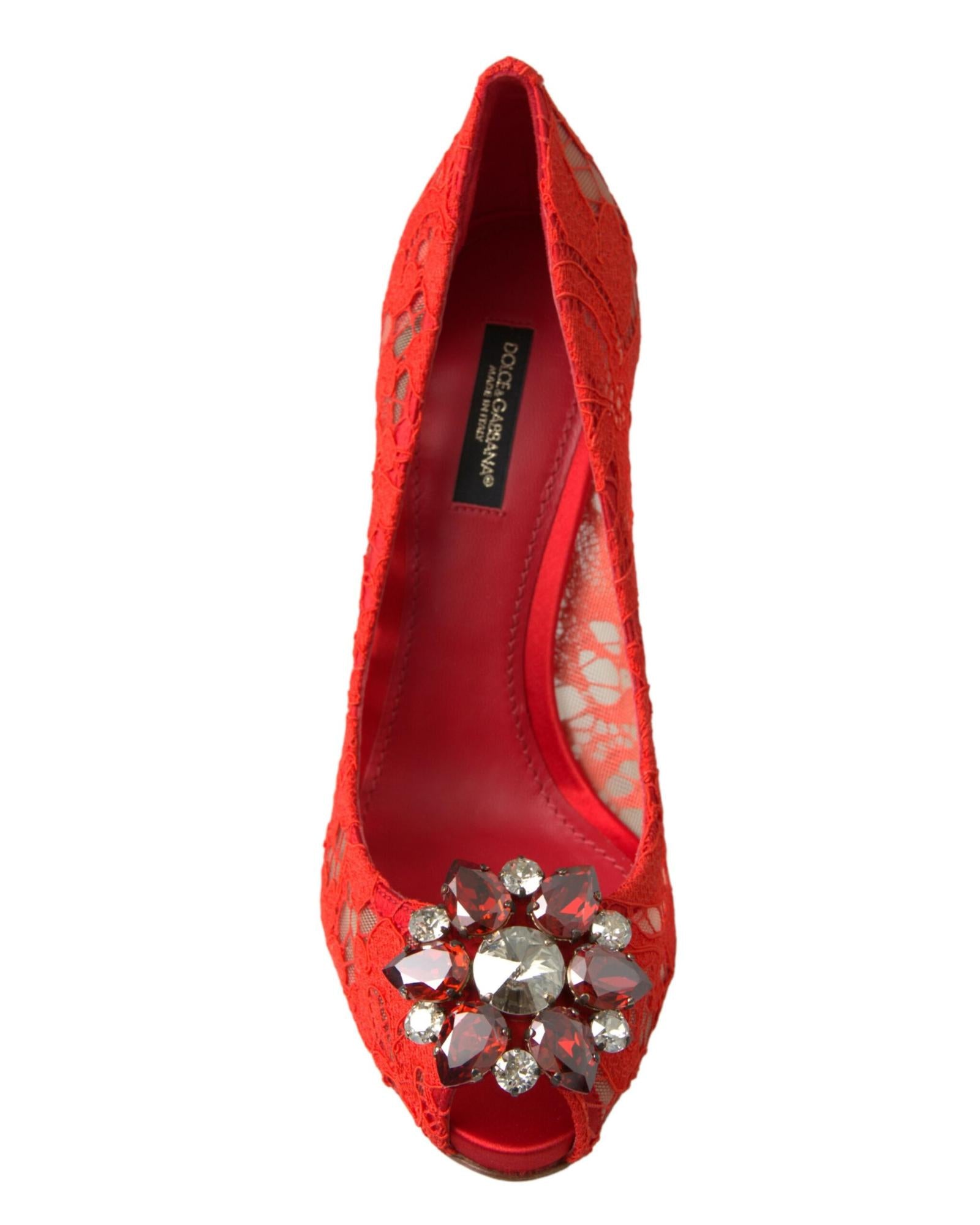 Dolce & Gabbana Women's Red Taormina Lace Crystal Heels Pumps Shoes - 38 EU