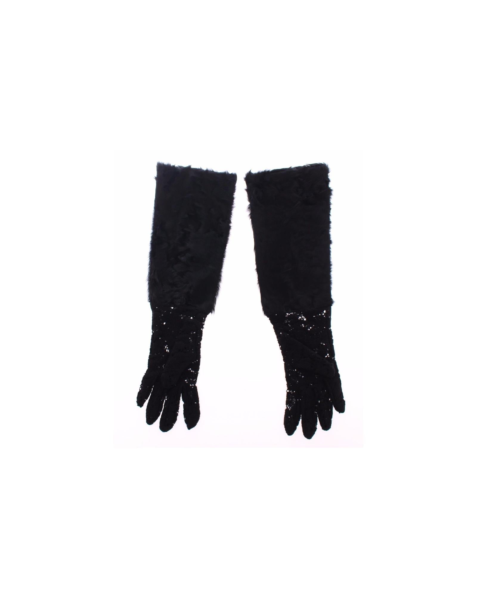 Luxury Black Wool Lace and Xiangao Lamb Fur Gloves 7.5 Women