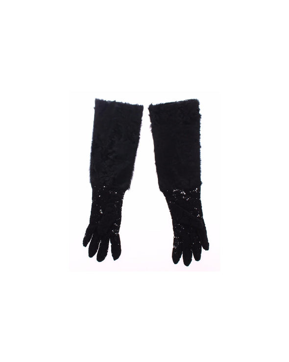 Luxury Black Wool Lace and Xiangao Lamb Fur Gloves 7.5 Women