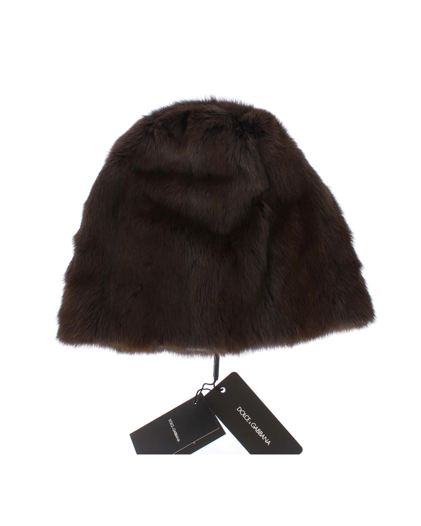 Gorgeous Dolce & Gabbana Brown Weasel Fur Beanie with Gray Cashmere Lining 57 cm Women