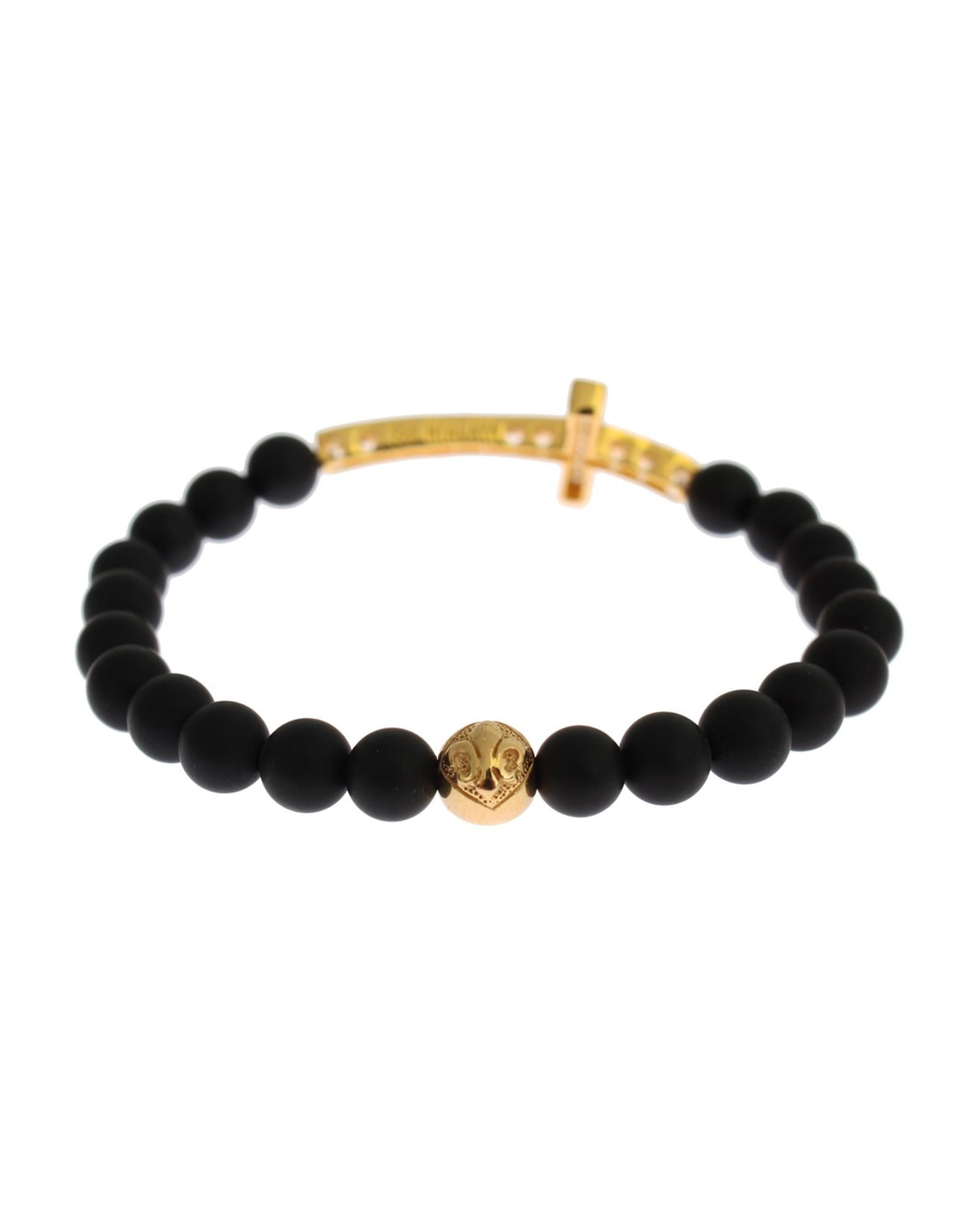 Authentic NIALAYA Bracelet with Matte Onyx Beads and CZ Diamond Cross M Women