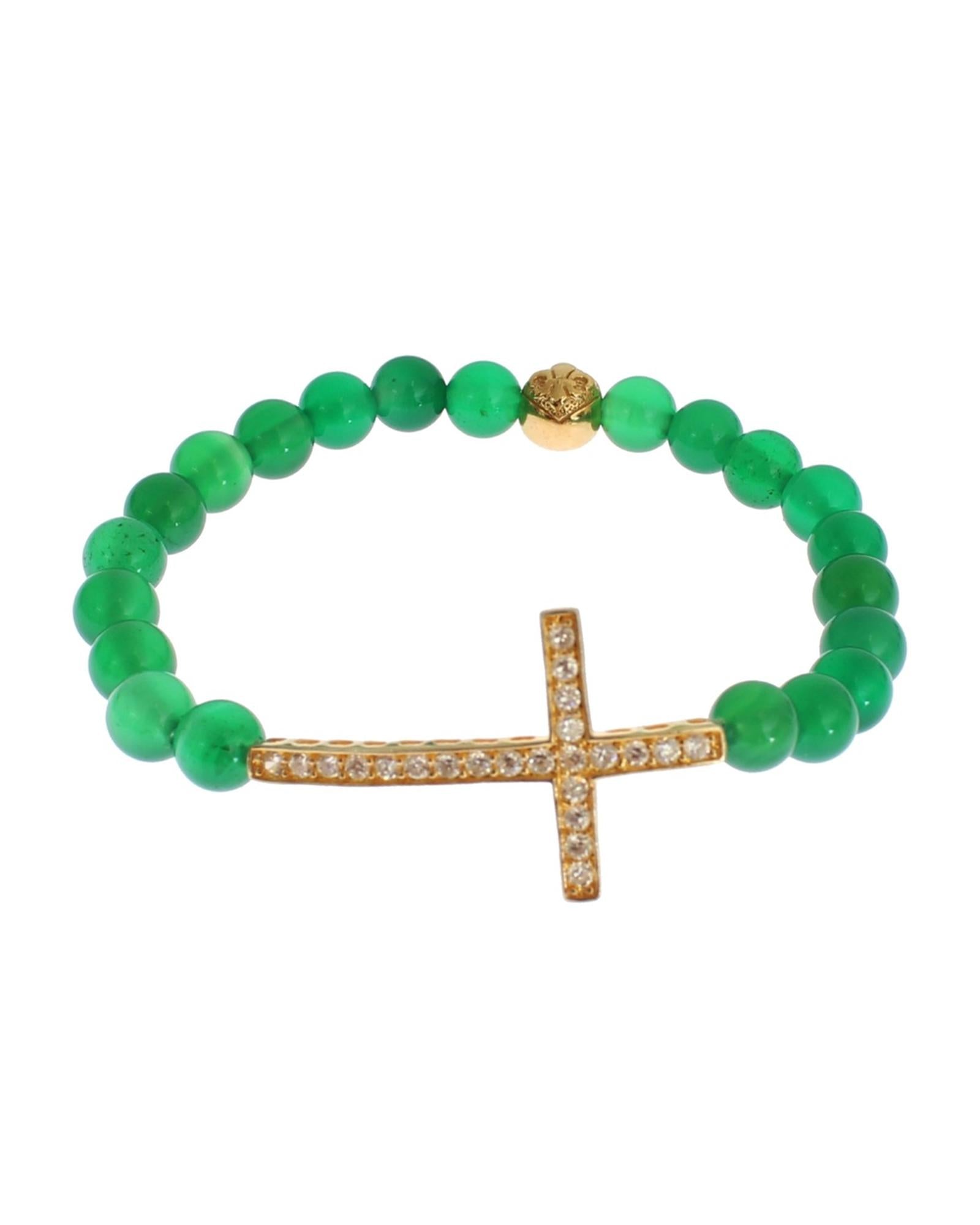 NIALAYA Green Jade Bead Bracelet with CZ Diamond Cross XS Women