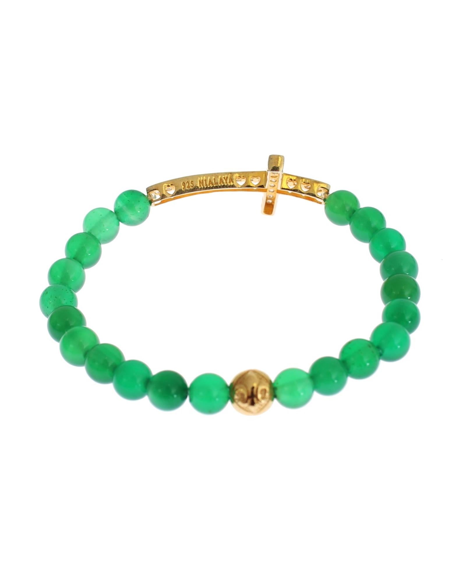 NIALAYA Green Jade Bead Bracelet with CZ Diamond Cross XS Women