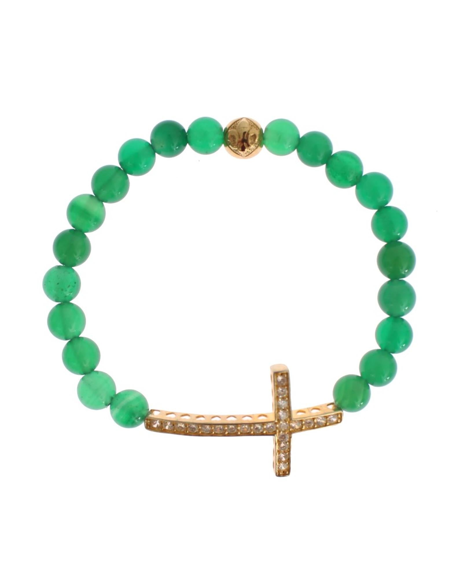 NIALAYA Green Jade Bead Bracelet with CZ Diamond Cross M Women