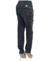 Blue Wash Crystal Heart Roses Embellished Enchanted Sicily Boyfriend Jeans 38 IT Women