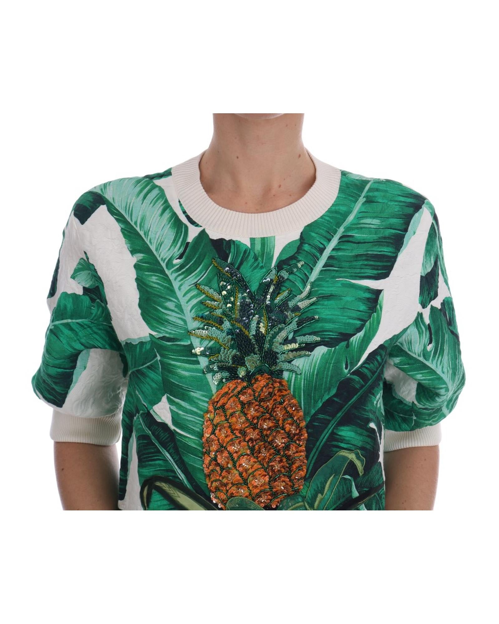 DOLCE & GABBANA Enchanted Sicily Short Sleeve Sweater with Sequined Pineapple Embroidery 38 IT Women